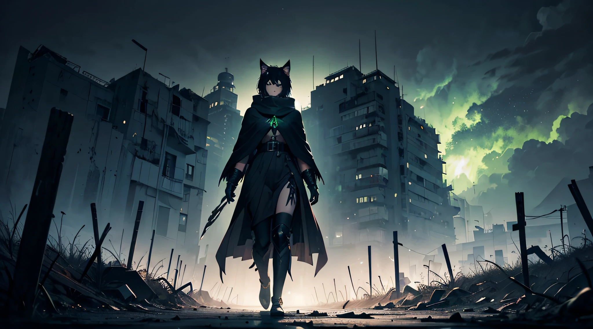 abandoned world landscape, overcast night sky, dark landscape, fearful landscape, abomination of desolation, black and gray wastelands filled with nuclear ash, overcast sky, lots of ash, ((empty wastelands)), furry catgirl, portrait, gloomy monster girl, assembled from different parts girl, horror girl, hastily created girl, empty eyes, bright very multicoloured rainbow grey brown black hair, long sharp iron claws on hands, sharp iron gauntlets, (covered in ash), rag cloak, walks toward the viewer, dark lighting, (toxic emerald lighting)
