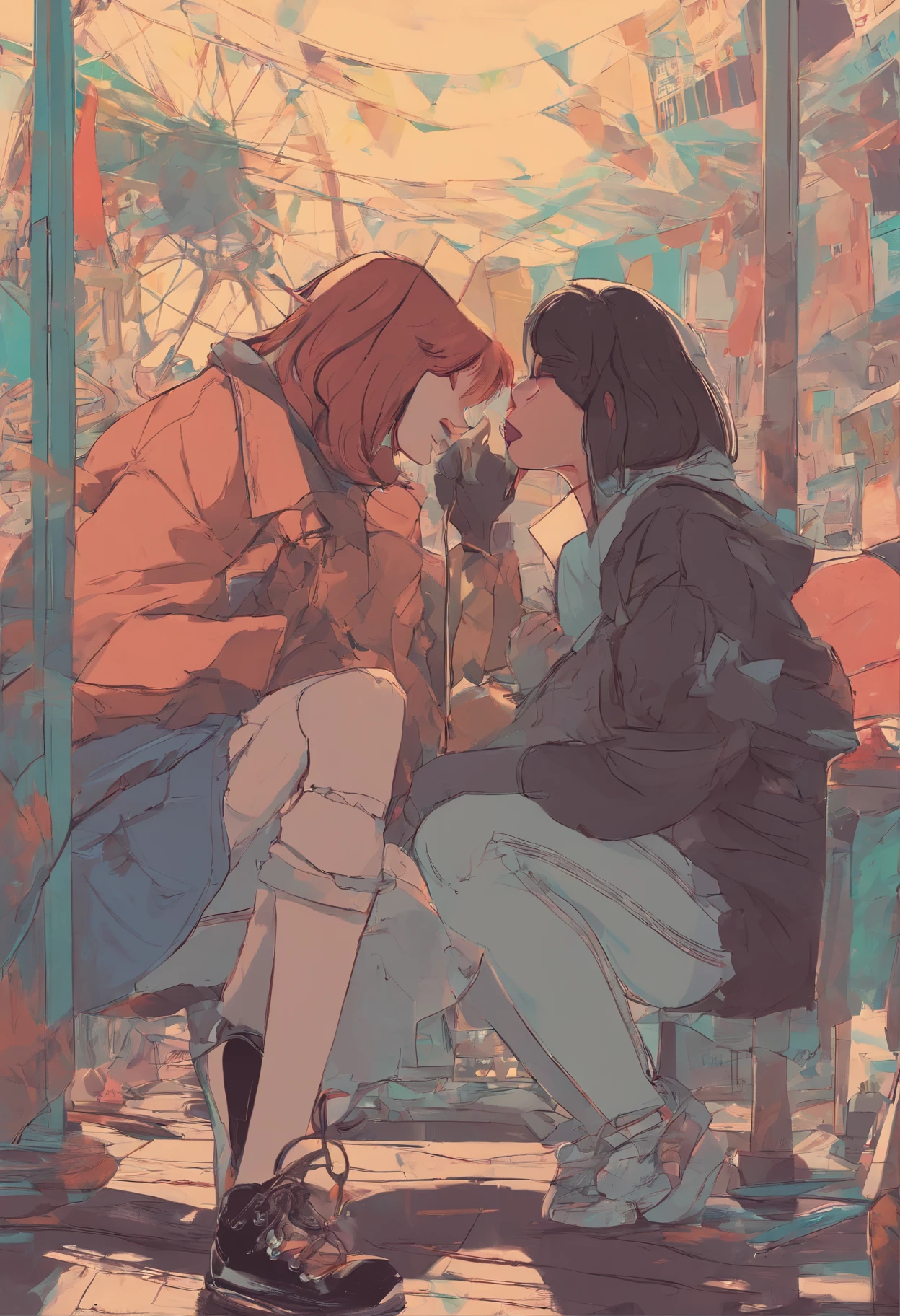 two women kissing each other in a dark room, lesbian kiss, lesbian embrace, two women kissing at a carnival, lesbians, kiss, lesbian, kissing, kiss mouth to mouth, kissing together cutely, filmstill, aurora aksnes and zoë kravitz, screenshot from a movie, kissing each other, full scene shot, x, portrait of two girls kissing, tomboy