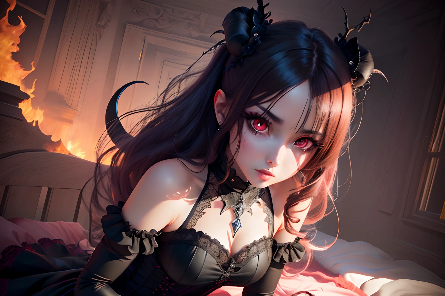 girl in a dress , the anime , demon, Gothic style,3d,scarlet eyes