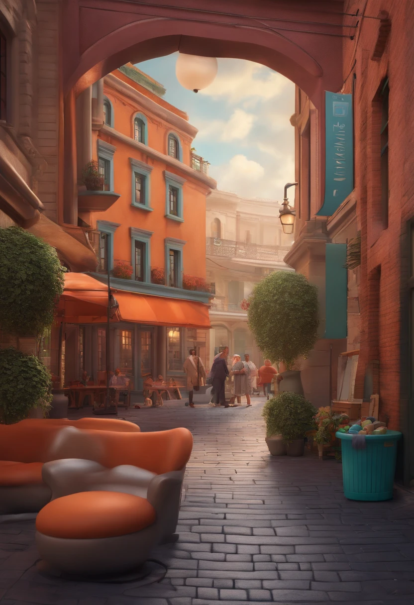 Pixar 3D style drawing of a slimming clinic in the city center with a character in the foreground