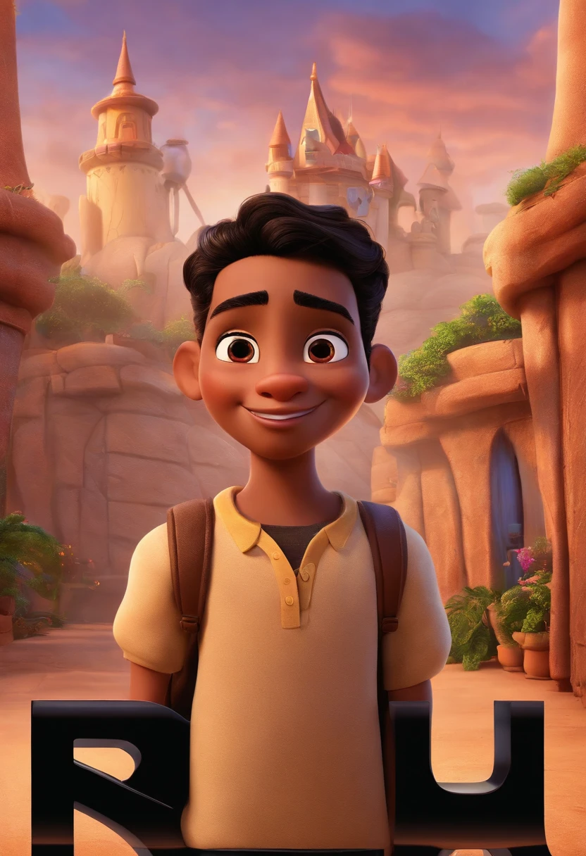 a Disney Pixar-inspired movie poster with the title "Natan". The character has light brown skin, short black hair, brown eyes, in the Disney Pixar animation Disney Cartoon, Pixar, ..3d, Disney