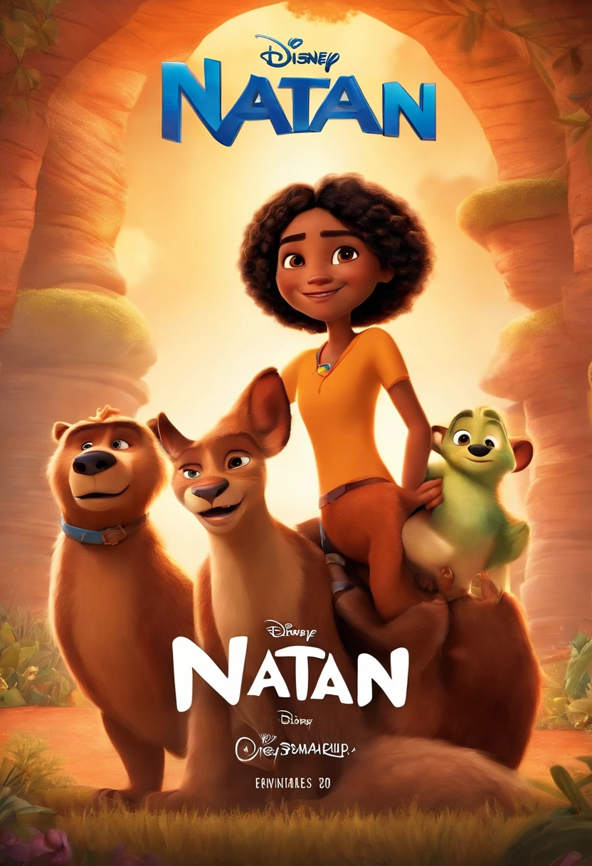 a Disney Pixar-inspired movie poster with the title "Natan". The character has light brown skin, short black hair, brown eyes, in the Disney Pixar animation Disney Cartoon, Pixar, ..3d, Disney