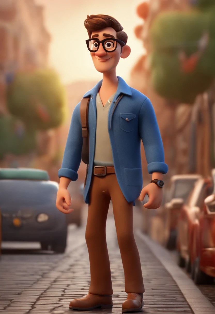 Personaje de dibujos animados de un hombre con gafas negras y una camisa azul, animation character, stylized character, Rendering animation styles, 3D estilizado, Arnold Maya render, 3D render estilizado, Toon renderizar keyshot, Personaje 3D, Personaje 3D, Renderizado 3D estilizado, Renderizado de 3 caracteres D, Personaje de dibujos animados, Personaje de primer plano, Pose del personaje, (estilo pixar) (Pieza maestra:1.2) (Bokeh) (La mejor calidad) (Piel detallada) (Textura detallada) (8k) (arcilla) (cinematic lighting) (foco nítido