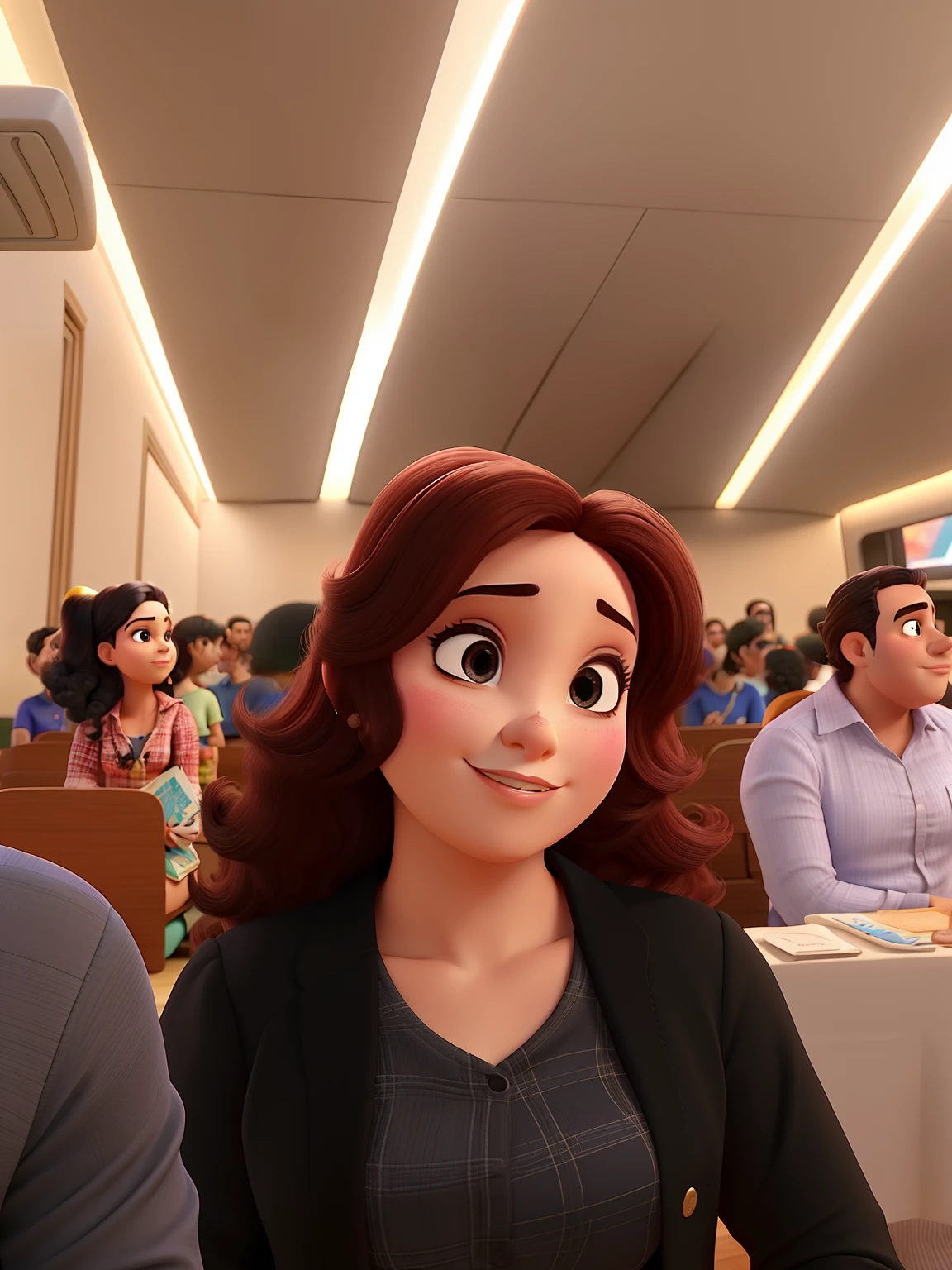 Mulher branca com cacheado curto no estilo pixar, ao lado do luan santana