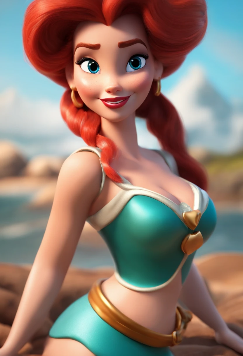 Personagem de desenho animado de uma mulher de 28 anos, longos cabelos vermelhos profundos, the character resembles "Ariel" from "The Little Mermaid", um personagem animado, Caractere estilizado, animation style rendering, 3D estilizado, Arnold Maya render, 3 d render stylized, toon render keyshot, Personagem 3D, Personagem 3D, 3d rendering stylized, 3 d character render, personagem de desenho animado, Personagem de close up, Pose de personagem, (Estilo Pixar) (master part:1.2) (Bokeh) (best quality) (pele detalhada) (textura detalhada) (8k) (argila) (Cinematic lighting) (foco nítido,Senta e vaza a parte superior do corpo