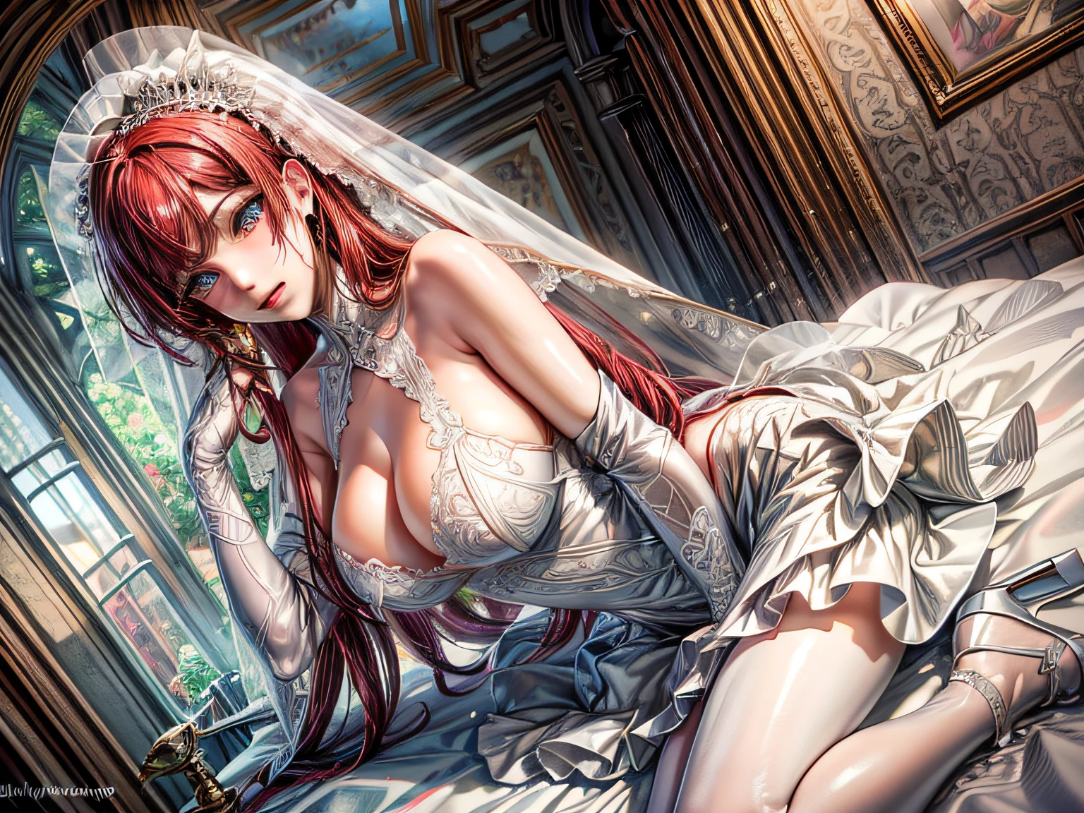 arafed, high details, best quality, 16k, [ultra detailed], masterpiece, best quality, (extremely detailed), dynamic angle, ultra wide shot, RAW, photorealistic, a wide angle picture of a vampire bride biting her groom, a [female vampire] bride (best details, Masterpiece, best quality) vampire female in a white wedding gown with bloody gown (best details, Masterpiece, best quality: 1.5), best detailed face (best details, Masterpiece, best quality: 1.5), ultra feminine, grey skin, red haired, long hair, wedding hair cut style, blue eyes, intense eyes, wearing white latex wedding dress bloody gown (best details, Masterpiece, best quality: 1.3), wearing white high heels, in the honeymoon suite (best details, Masterpiece, best quality: 1.4), biting the the groom, bloody face, BREAK a beautiful human man (best details, Masterpiece, best quality: 1.5), ultra detailed face (best details, Masterpiece, best quality: 1.4), wearing a wedding tuxedo (best details, Masterpiece, best quality), honeymoon suite background, Ultra-Wide Angle, high detail, award winning, best quality, HD, 16K, 3D rendering, high details, best quality, highres, ultra wide angle, 3D rendering, [[anatomically correct]]