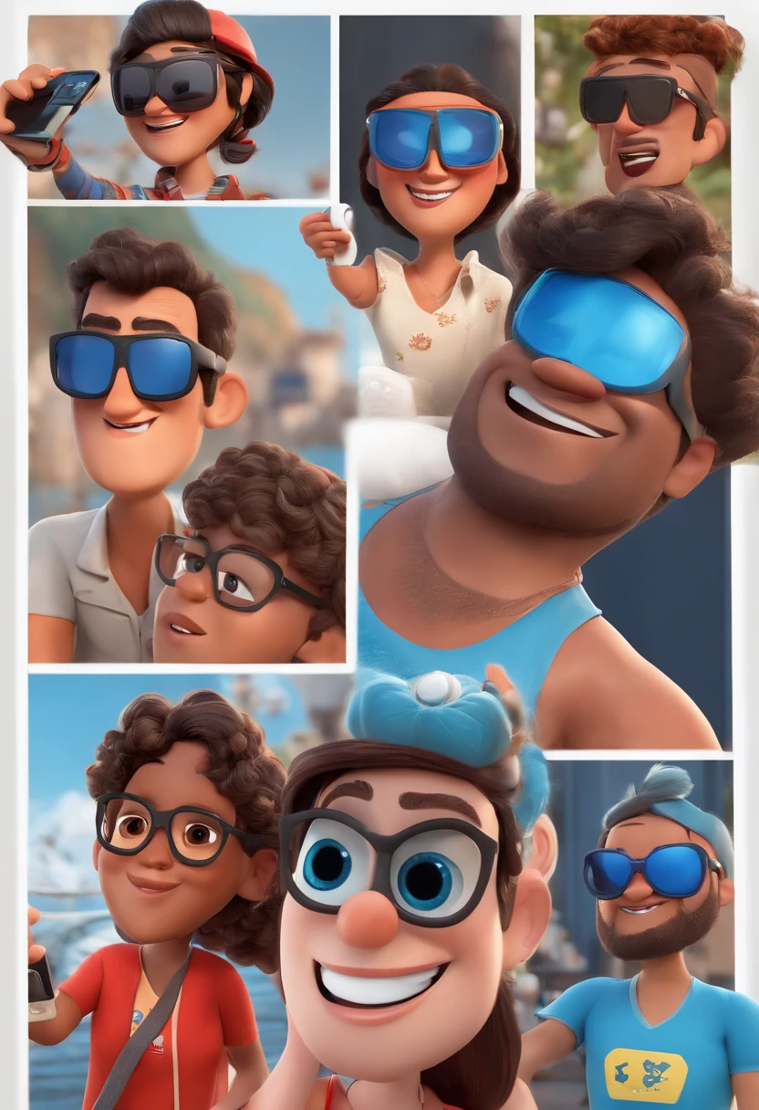 Um Ciclista de capacete Branco, sunglasses, camisa azul, vermelha e branca, bermuda preta, Taking a Selfie in Pixar Animation, de perto. The character takes center stage with captivating facial expressions, oferecendo um toque de irrealidade