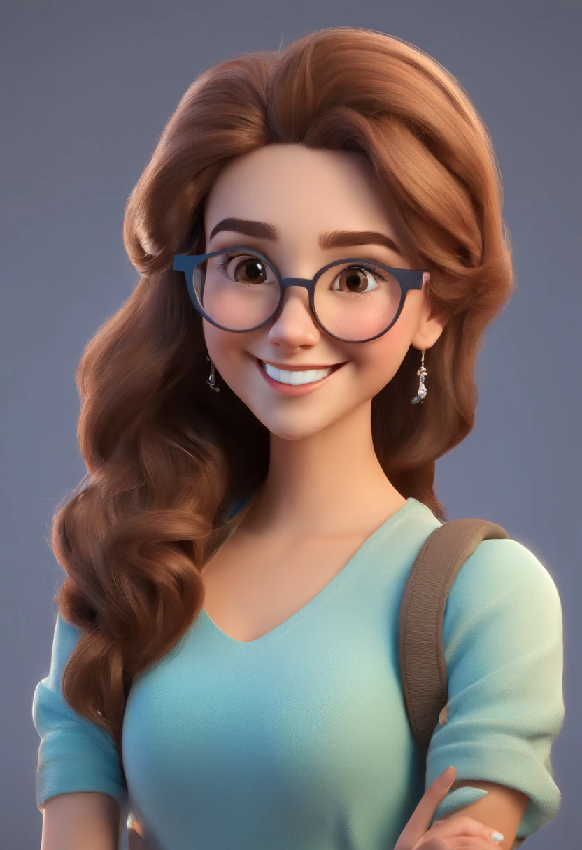 sorridente Ilustrador, Sorriso fechado, Fair-skinned teenagrl with a Closed smile, and round glasses, cabelo lisos marrom, Cabelos Lisos castanhos, Happy smiling cute at camera, sorriso fofo, she is happy, smile shy, shy girl, Foto de perfil do headshot, rindo sorriso fechado, desenhando no estilo de Arte 3D, c4d, fundo de um parque, Estilo Disney, estilo pixar render ilustracao Super Detalhe, 8k