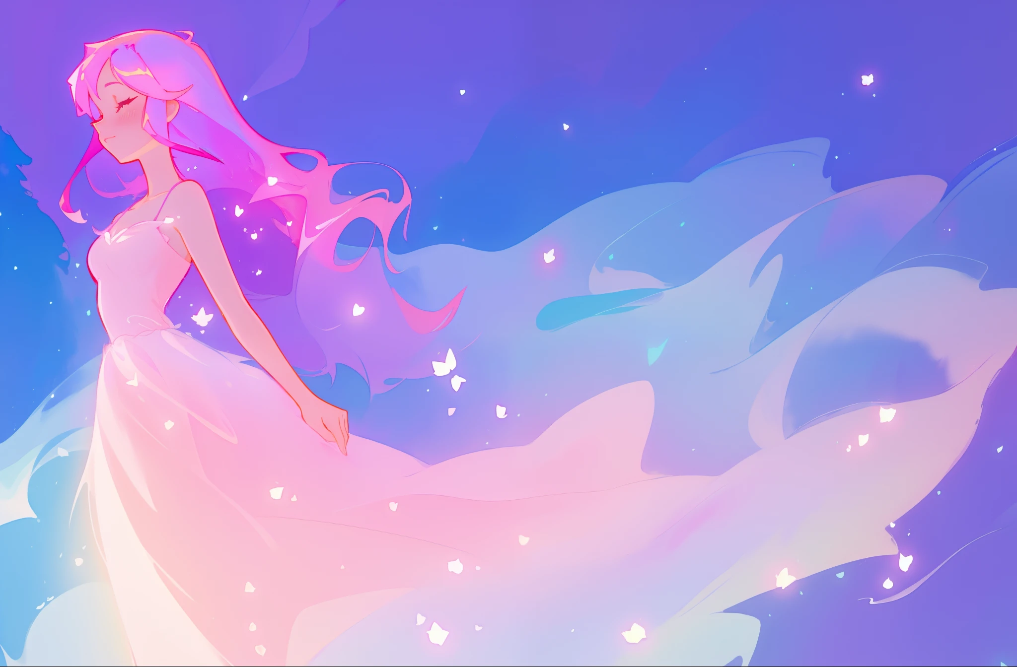 beautiful girl in sparkling multi-layer ballgown, long sparkling pink hair, fantasia background, watercolor illustration, inspired by Glen Keane, inspired by Lois van Baarle, disney art style, by Lois van Baarle, glowing aura around her, by Glen Keane, jen bartel, glowing lights! digital painting, flowing glowing hair, glowing flowing hair, beautiful digital illustration, fantasia otherworldly landscape plants flowers, beautiful, masterpiece, best quality, anime disney style