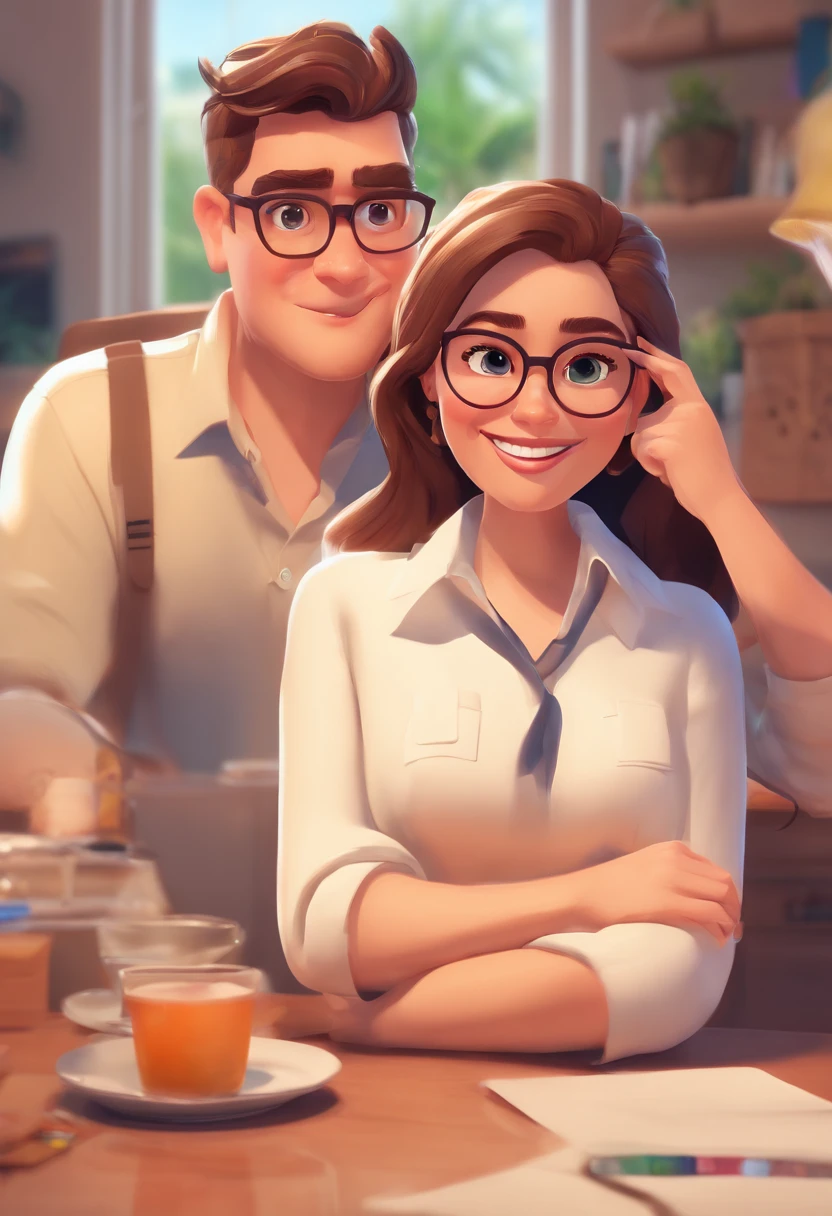 An illustration of a white woman, magra, A chubby, white man with glasses, o filho adolescente e um cachorro de pelo curto na cor branca e com uma mancha caramelo em volto do olho. A lovely couple, Spotlight on a chubby man with smiling glasses and a woman with long straight hair and beautiful expressive eyes. They are a bright room, cada um com um sorriso no rosto, e compartilhar um momento especial caracterizado pelo amor, Insights. Illustrate this scene from a perspective where they are facing the camera, Smiling and Showing Your Connection. Desenvolva esta arte em Full HD, Focus on your cinematic touch, Estilo Disney Pixar Animations