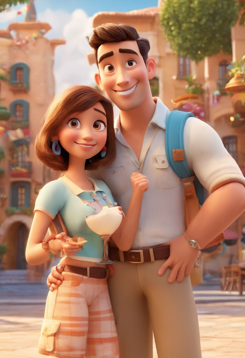 Cartoon of friends having fun on vacation together, 3D Animation Movie Poster, Poster de filme animado, pixar 3 d animation style, pixar renderman rendering, maia 8 mil, animated film, Disney Pixar Estilo 3D, amigos felizes saem juntos, all wearing light blue shirts and cream brown long pants, camisa azul clara, cream brown pants, ao ar livre, vacation, Disney Pixar Animation Poster