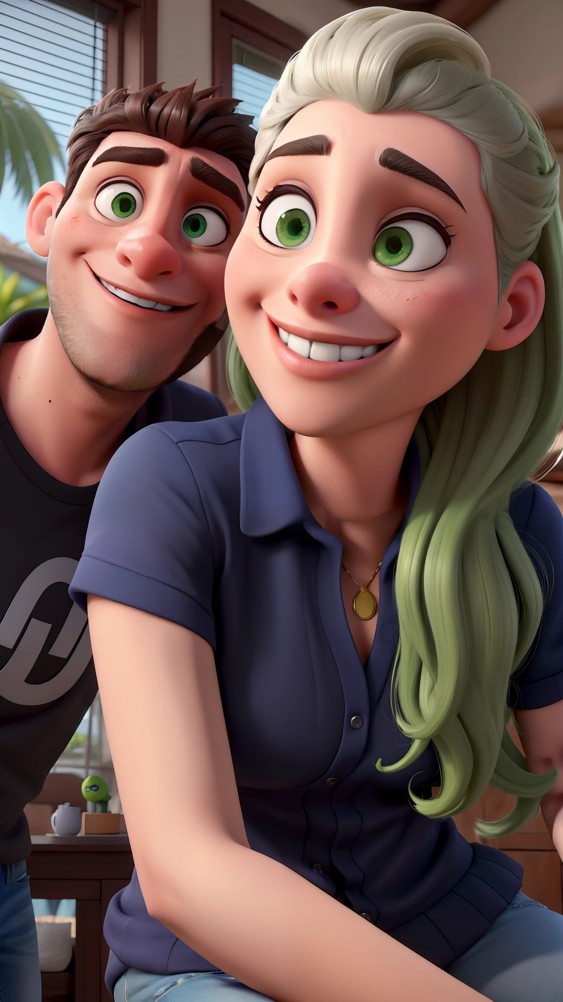Um casal de pele branca ambos de cabelos totalmente preto, olhos pretos, olhos verdes, estilo Disney pixar , alta qualidade, melhor qualidade