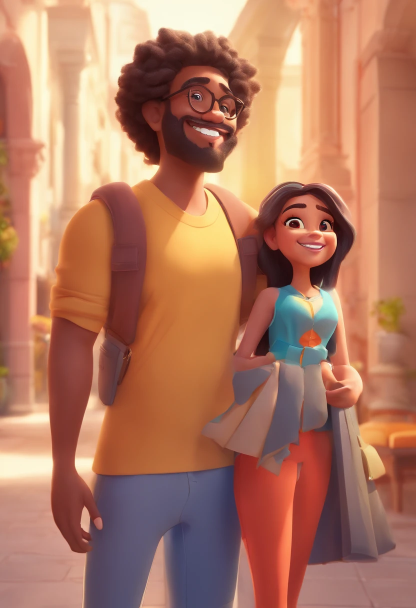 An illustration of an adorable couple, Highlight for a chubby mulatto man with smiling glasses and a brunette woman with beautiful expressive eyes - the man's skin is mulatto and the man's hair has, while the woman's skin is black and the woman's hair is straight and brown. They are a bright room, cada um com um sorriso no rosto, e compartilhar um momento especial caracterizado pelo amor, Insights. Illustrate this scene from a perspective where they are facing the camera, Smiling and Showing Your Connection. Desenvolva esta arte em Full HD, Focus on your cinematic touch, Estilo Disney Pixar Animations