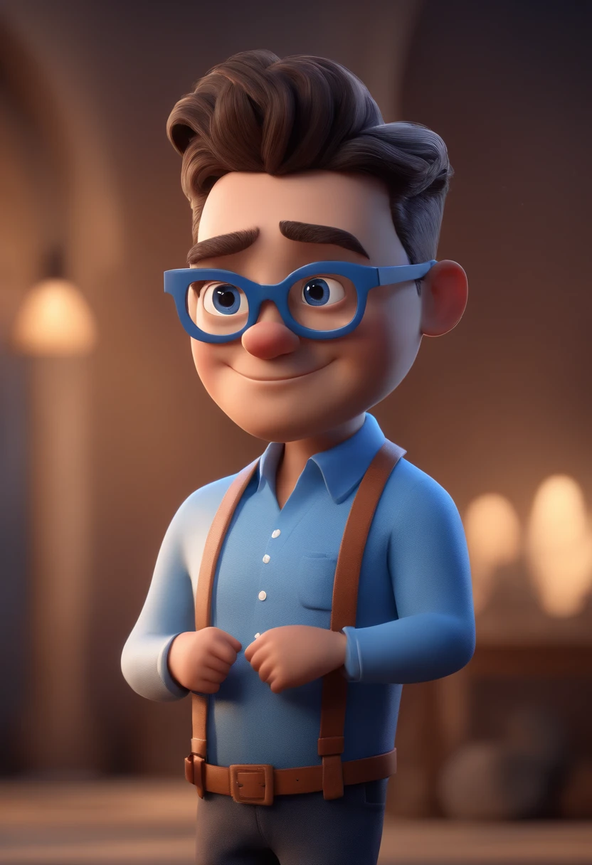 Cartoon character of a man with black glasses and a blue shirt, animation character, Caractere estilizado, animation style rendering, 3D estilizado, Arnold Maya render, 3 d render stylized, toon render keyshot, Personagem 3D, Personagem 3D, 3d rendering stylized, 3 d character render, personagem de desenho animado, Personagem de close up, Pose de personagem,  (Estilo Pixar) (master part:1.2) (Bokeh) (best quality) (pele detalhada) (textura detalhada) (8k) (argila) (Cinematic lighting) (foco nítido