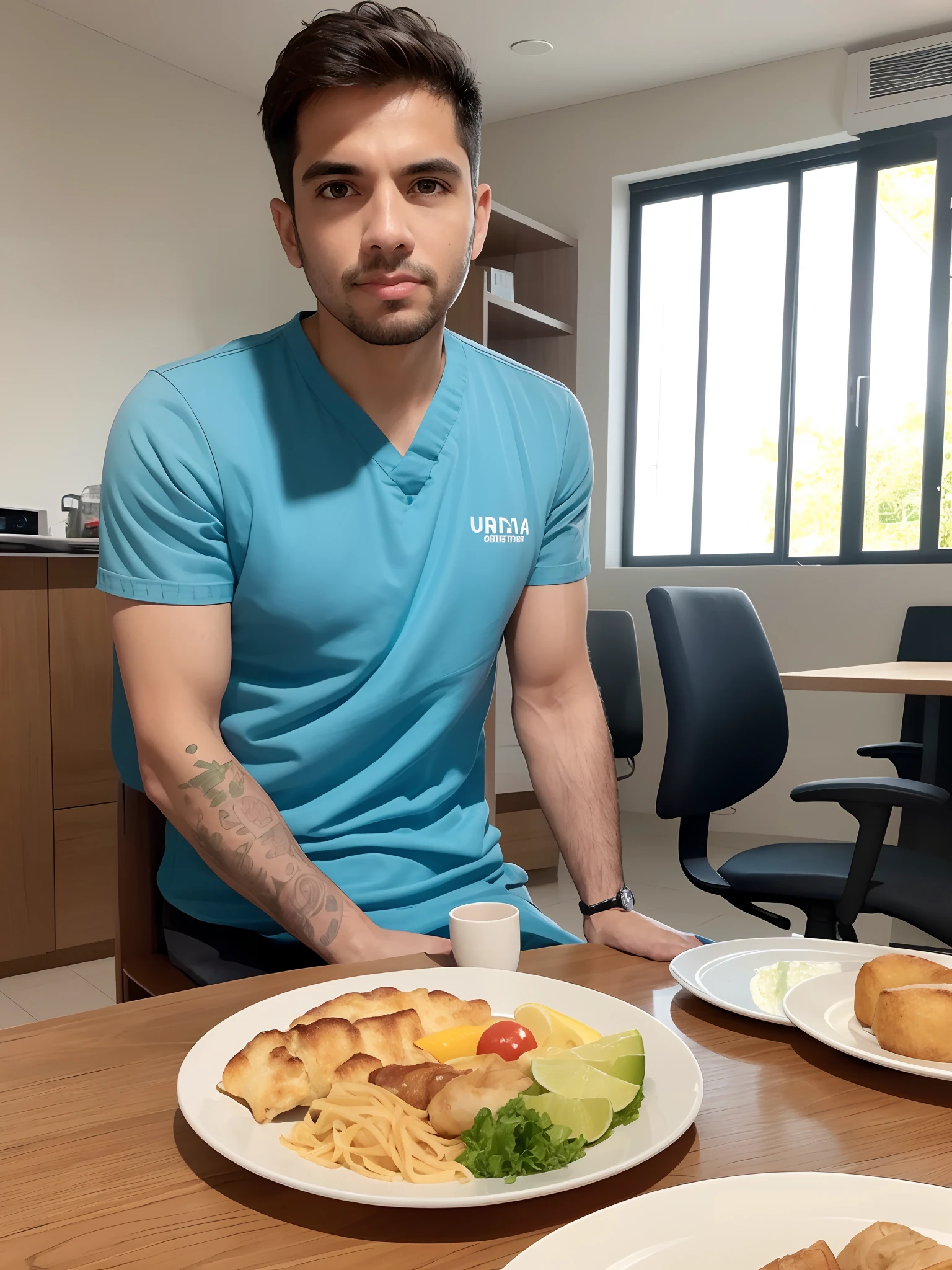 there is a man sitting at a table with a plate of food, 2 7 anos, 3 2 anos, no hospital em vestido de paciente, 2 9 anos, 2 4 anos, 2 8 anos, Postagem 4k, 4 k post, Homem de 4 0 anos, 2 3 anos, andres rios, imagem de qualidade muito baixa
