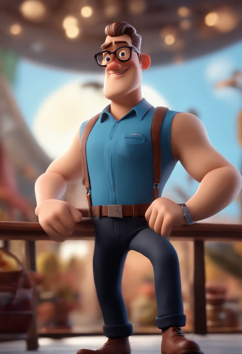 Cartoon character of a man wearing black glasses and a blue shirt, animation character, Caractere estilizado, Rendering Animation Styles, 3D estilizado, Arnold Maya render, 3D render estilizado, Toon renderizar keyshot, Personagem 3D, Personagem 3D, 3d rendering stylized, 3 d character render, Personagem de desenho animado, Personagem de close-up, Pose do personagem, (Estilo Pixar) (Obra prima:1.2) (Bokeh) (melhor qualidade) (Pele detalhada) (Textura detalhada) (8k) (argila) (Cinematic lighting) (foco nítido