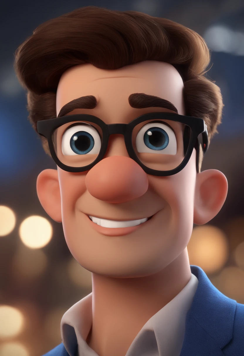 Cartoon character of a man wearing black glasses and a blue shirt, animation character, Caractere estilizado, Rendering Animation Styles, 3D estilizado, Arnold Maya render, 3D render estilizado, Toon renderizar keyshot, Personagem 3D, Personagem 3D, 3d rendering stylized, 3 d character render, Personagem de desenho animado, Personagem de close-up, Pose do personagem,  (Estilo Pixar) (Obra prima:1.2) (Bokeh) (melhor qualidade) (Pele detalhada) (Textura detalhada) (8k) (argila) (Cinematic lighting) (foco nítido