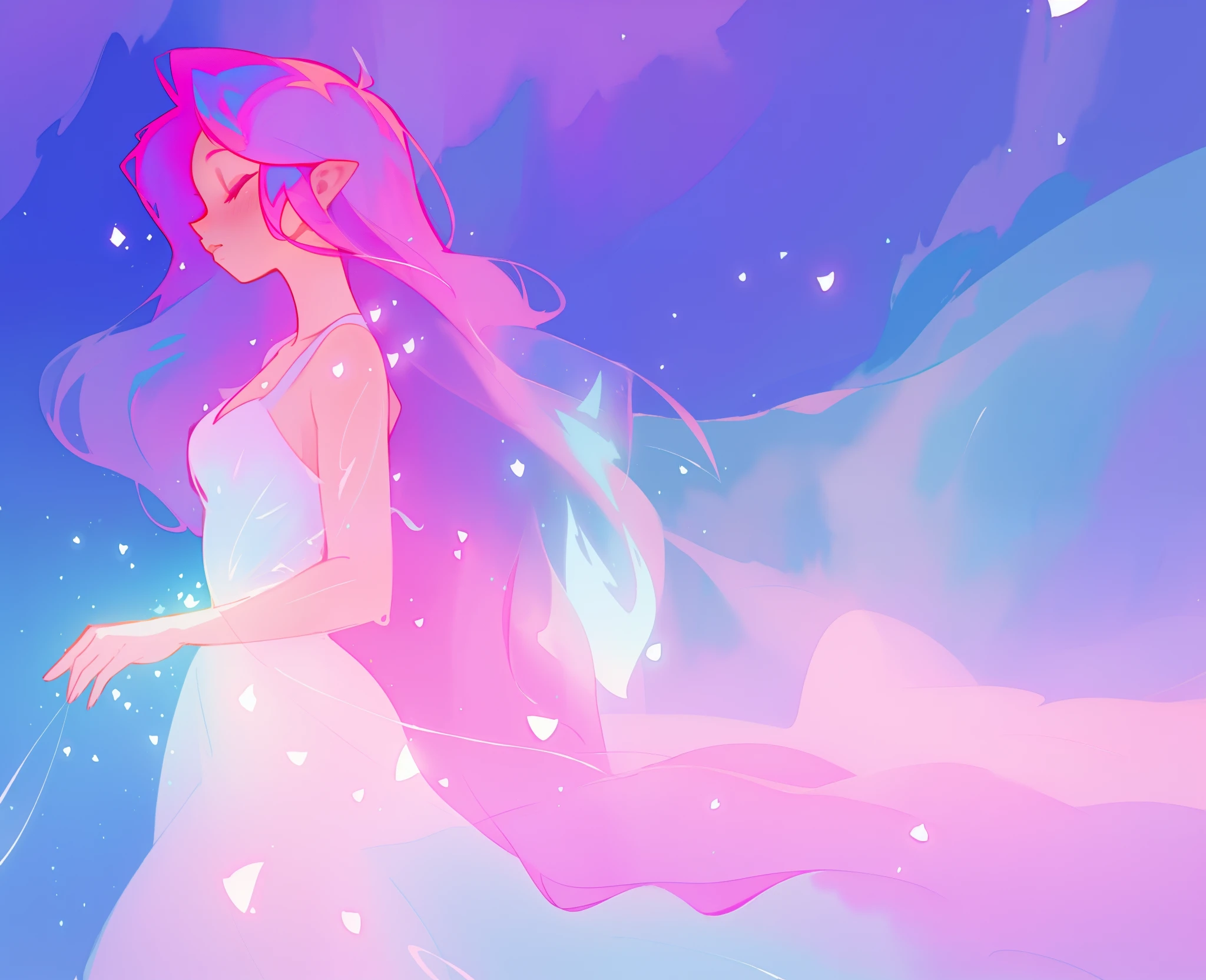 beautiful girl in sparkling multi-layer ballgown, long sparkling pink hair, fantasia background, watercolor illustration, inspired by Glen Keane, inspired by Lois van Baarle, disney art style, by Lois van Baarle, glowing aura around her, by Glen Keane, jen bartel, glowing lights! digital painting, flowing glowing hair, glowing flowing hair, beautiful digital illustration, fantasia otherworldly landscape plants flowers, beautiful, masterpiece, best quality, anime disney style