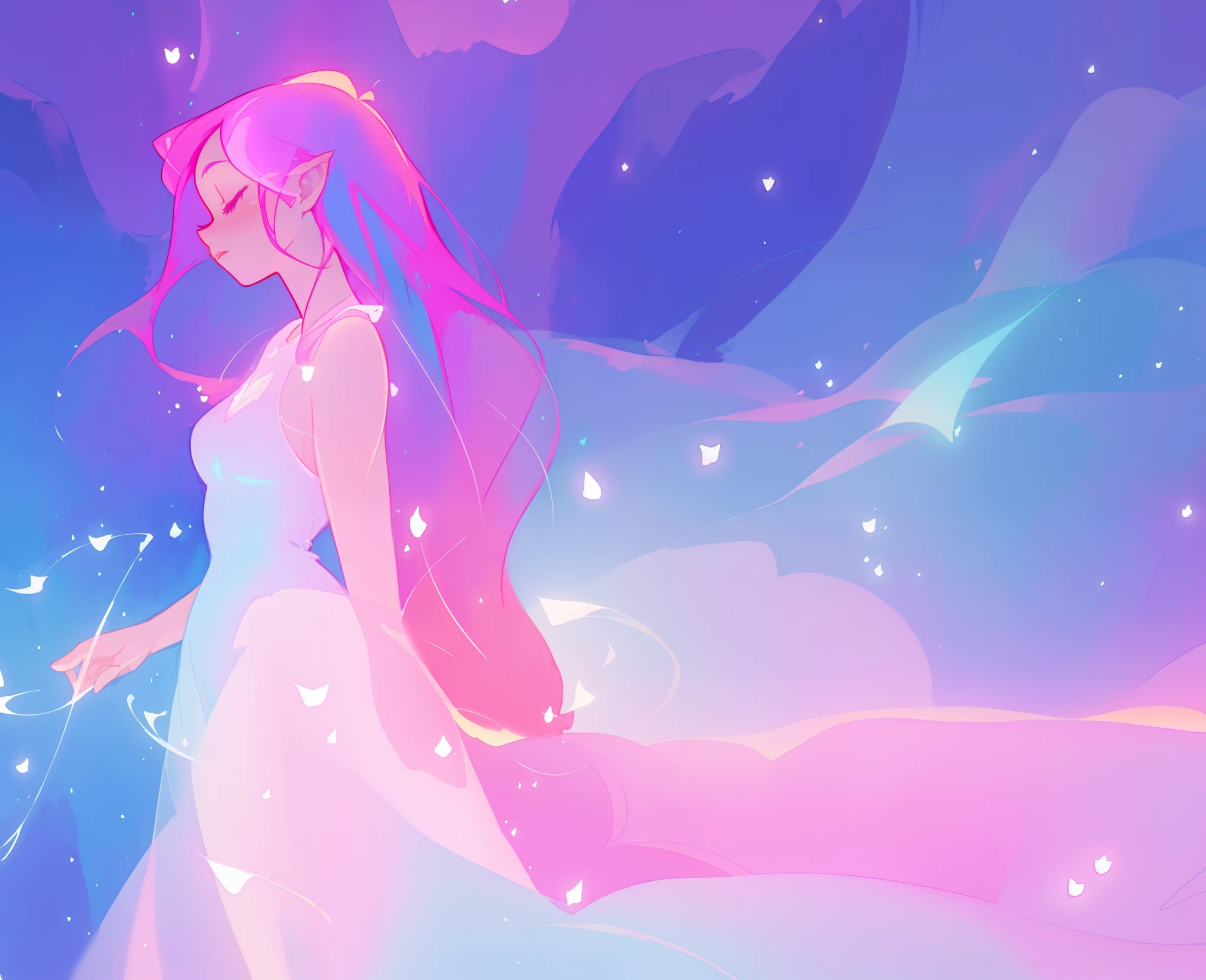 beautiful girl in sparkling multi-layer ballgown, long sparkling pink hair, fantasia background, watercolor illustration, inspired by Glen Keane, inspired by Lois van Baarle, disney art style, by Lois van Baarle, glowing aura around her, by Glen Keane, jen bartel, glowing lights! digital painting, flowing glowing hair, glowing flowing hair, beautiful digital illustration, fantasia otherworldly landscape plants flowers, beautiful, masterpiece, best quality, anime disney style
