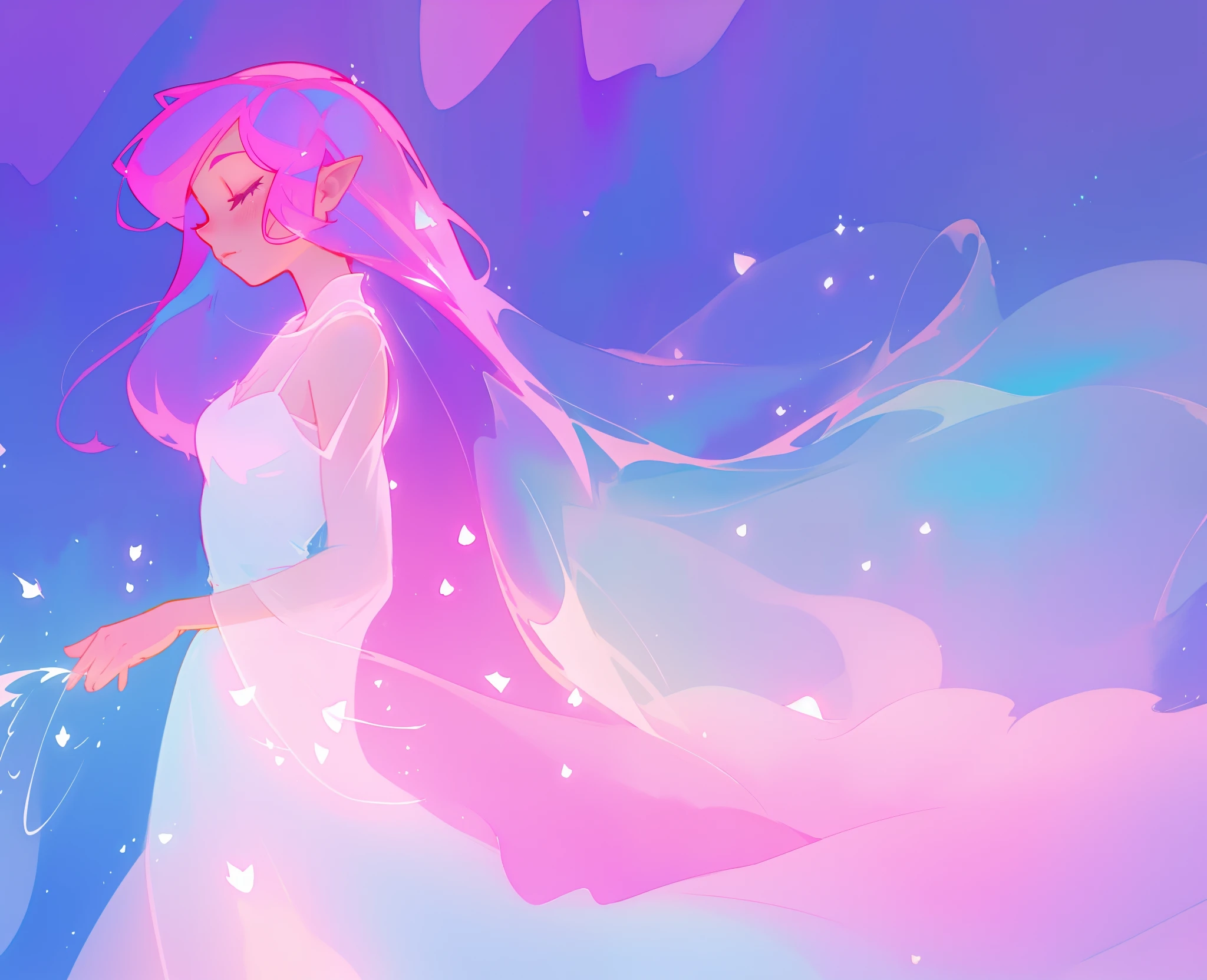 beautiful girl in sparkling multi-layer ballgown, long sparkling pink hair, fantasia background, watercolor illustration, inspired by Glen Keane, inspired by Lois van Baarle, disney art style, by Lois van Baarle, glowing aura around her, by Glen Keane, jen bartel, glowing lights! digital painting, flowing glowing hair, glowing flowing hair, beautiful digital illustration, fantasia otherworldly landscape plants flowers, beautiful, masterpiece, best quality, anime disney style