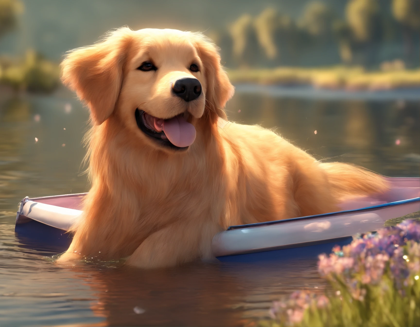 no estilo disney pixar, criar em cachorro Golden Retriever, female, muito feliz, utilizando um colete salva vidas na cor rosa. Nadando em um lago ao lado de uma lancha, em um dia de sol.