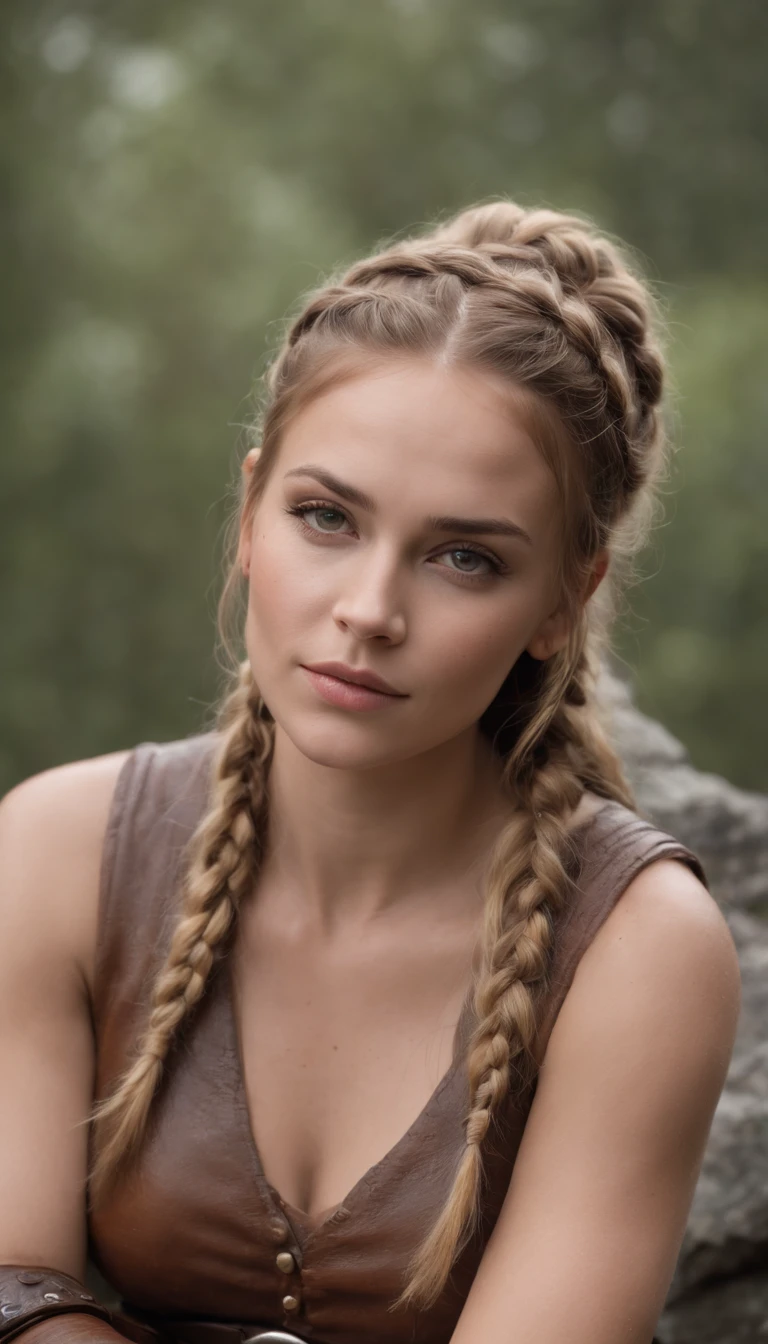 arafed woman with braids sitting on a rock in the rain, portrait of a barbarian woman, portrait of a barbarian female, female viking, very beautiful female barbarian, fantasy character photo, barbarian warrior woman, beautiful nordic woman, a very beautiful berserker woman, beautiful female warrior, a full portrait of nordic female, warrior girl, norse goddess