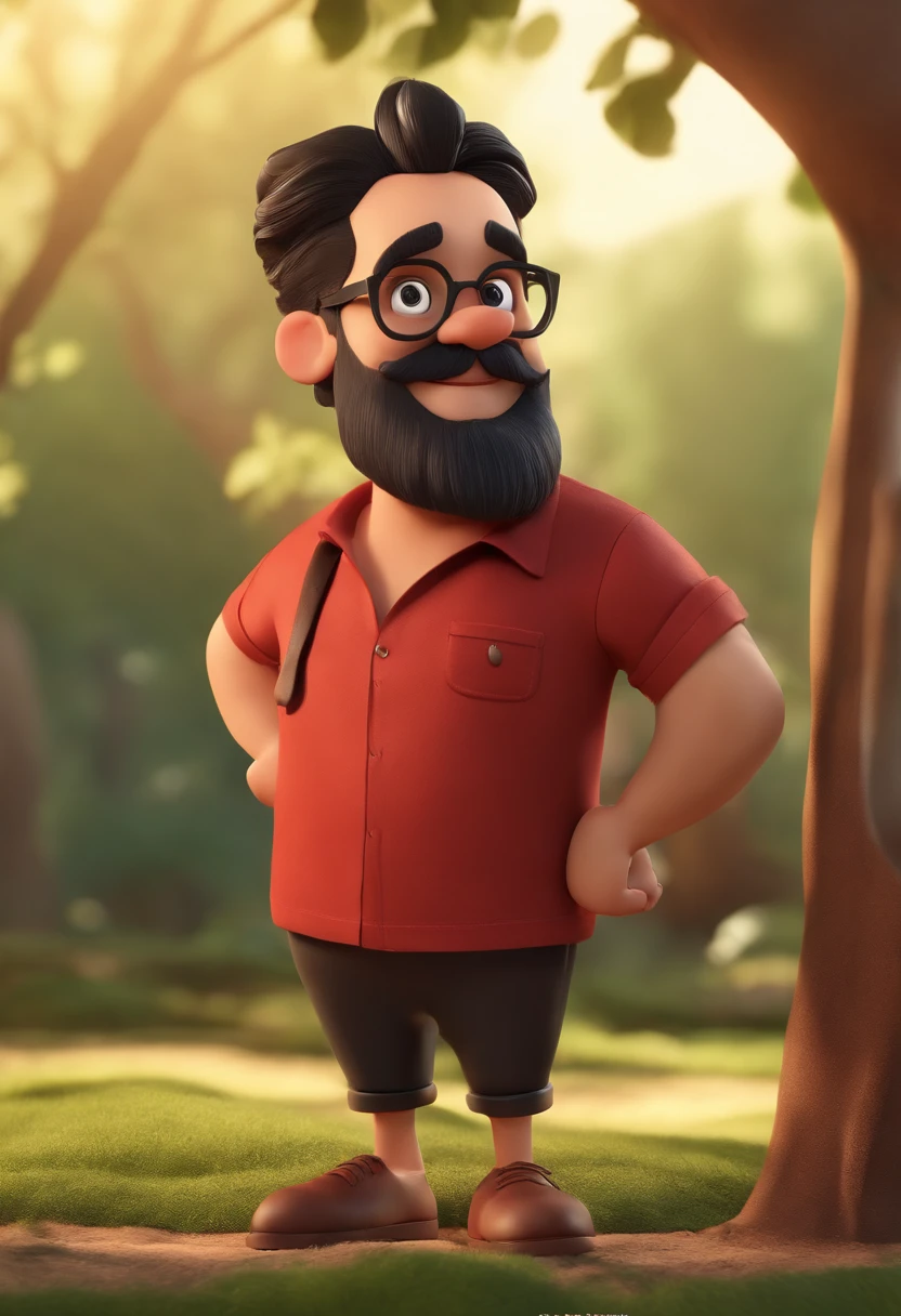 Cartoon character of a man with square black glasses and a black and red shirt. cabelo liso, grisalho,Com barba grisalha,and forest tattoo on arm, animation character, Caractere estilizado, animation style rendering, 3D estilizado, Arnold Maya render, 3 d render stylized, toon render keyshot, Personagem 3D, Personagem 3D, 3d rendering stylized, 3 d character render, personagem de desenho animado, Personagem de close up, Pose de personagem,  (Estilo Pixar) (master part:1.2) (Bokeh) (best quality) (pele detalhada) (textura detalhada) (8k) (argila) (Cinematic lighting) (foco nítido