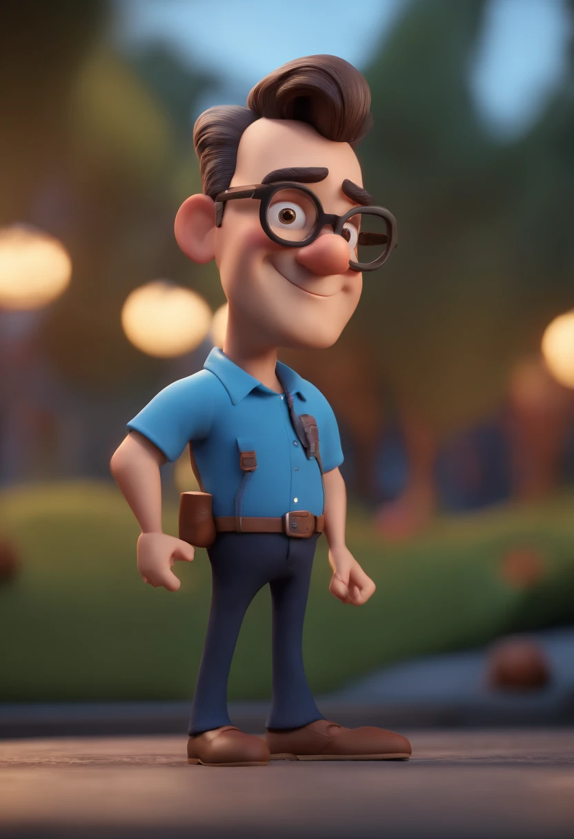 Cartoon character of a man with black glasses and a blue shirt, animation character, Caractere estilizado, animation style rendering, 3D estilizado, Arnold Maya render, 3 d render stylized, toon render keyshot, Personagem 3D, Personagem 3D, 3d rendering stylized, 3 d character render, personagem de desenho animado, Personagem de close up, Pose de personagem,  (Estilo Pixar) (master part:1.2) (Bokeh) (best quality) (pele detalhada) (textura detalhada) (8k) (argila) (Cinematic lighting) (foco nítido