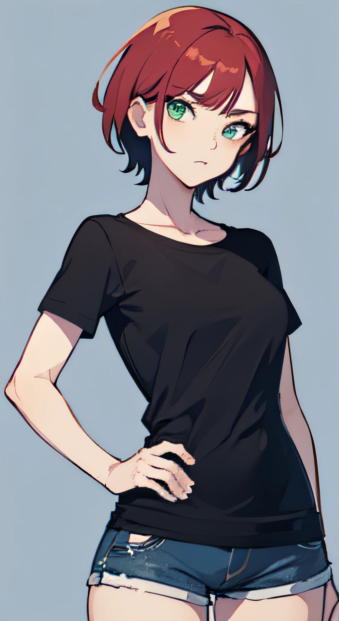 a 1girl, Green eyes, Skinny, short, Black T-shirt, blue shorts, redhead hair, Short Hair Hair, Beautiful figure, beatiful face, 18 years, Correct anatomy, pretty eyes, in full height, Anime style.