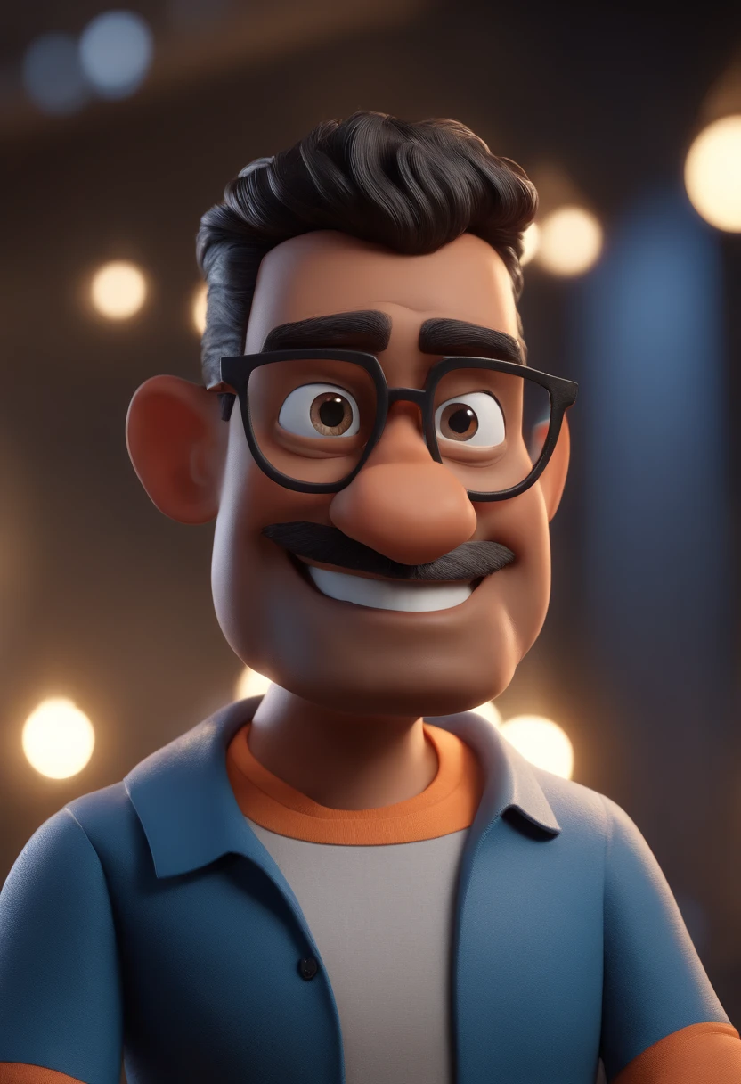 Cartoon character of a man with black glasses and a blue shirt, animation character, Caractere estilizado, animation style rendering, 3D estilizado, Arnold Maya render, 3 d render stylized, toon render keyshot, Personagem 3D, Personagem 3D, 3d rendering stylized, 3 d character render, personagem de desenho animado, Personagem de close up, Pose de personagem,  (Estilo Pixar) (master part:1.2) (Bokeh) (best quality) (pele detalhada) (textura detalhada) (8k) (argila) (Cinematic lighting) (foco nítido