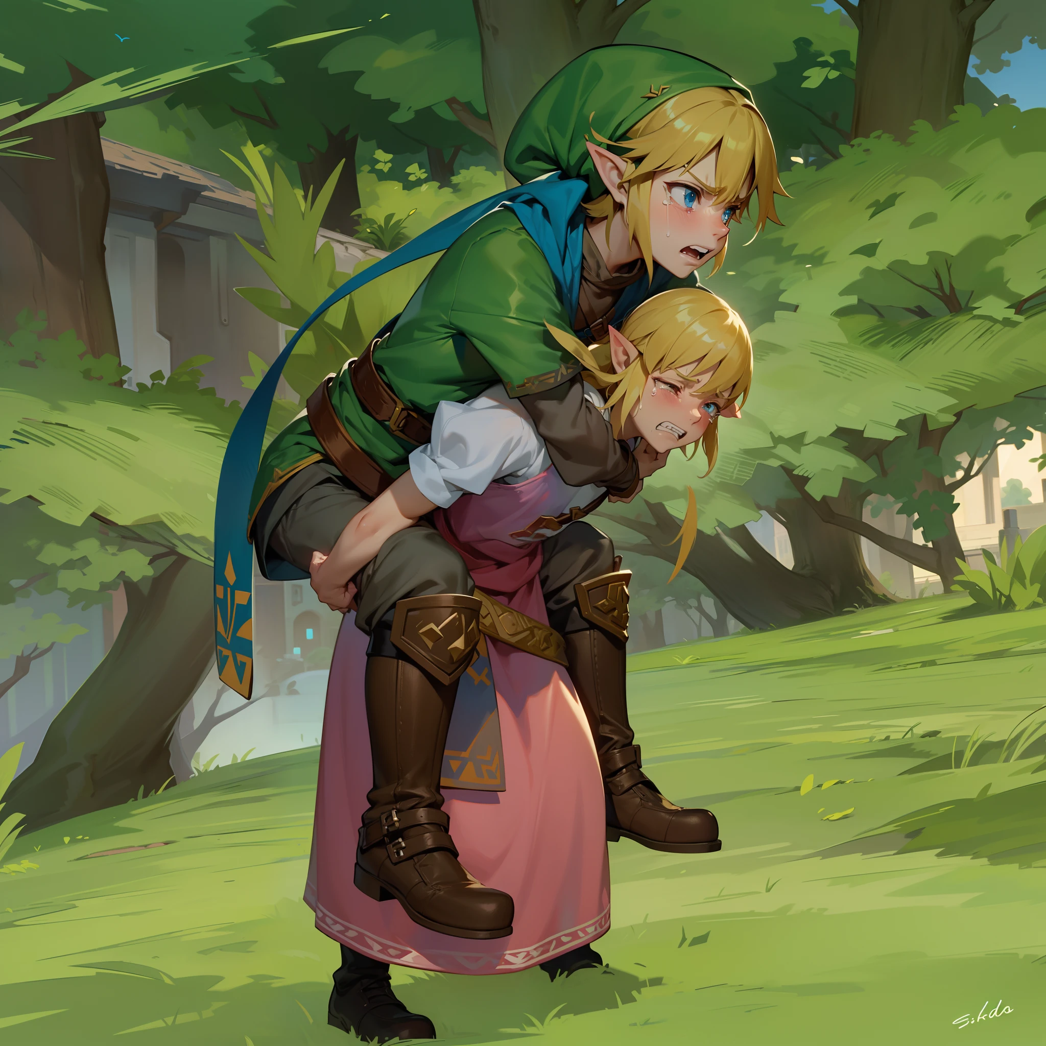 piggyback ride, size difference, angry, crying, clenched teeth, struggling, exhausted, pain, zelda skyward sword,