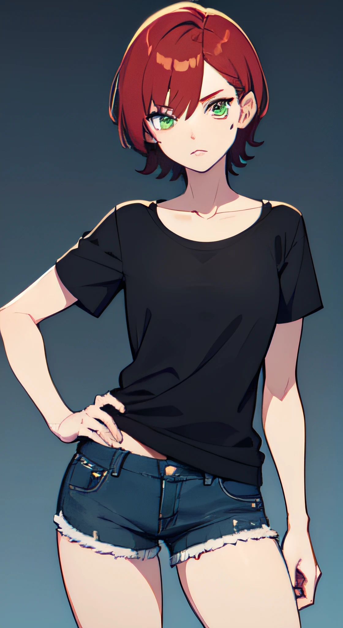 a 1girl, Green eyes, Skinny, short, Black T-shirt, blue shorts, redhead hair, Short Hair Hair, Beautiful figure, beatiful face, 18 years, Correct anatomy, pretty eyes, in full height, Anime style.