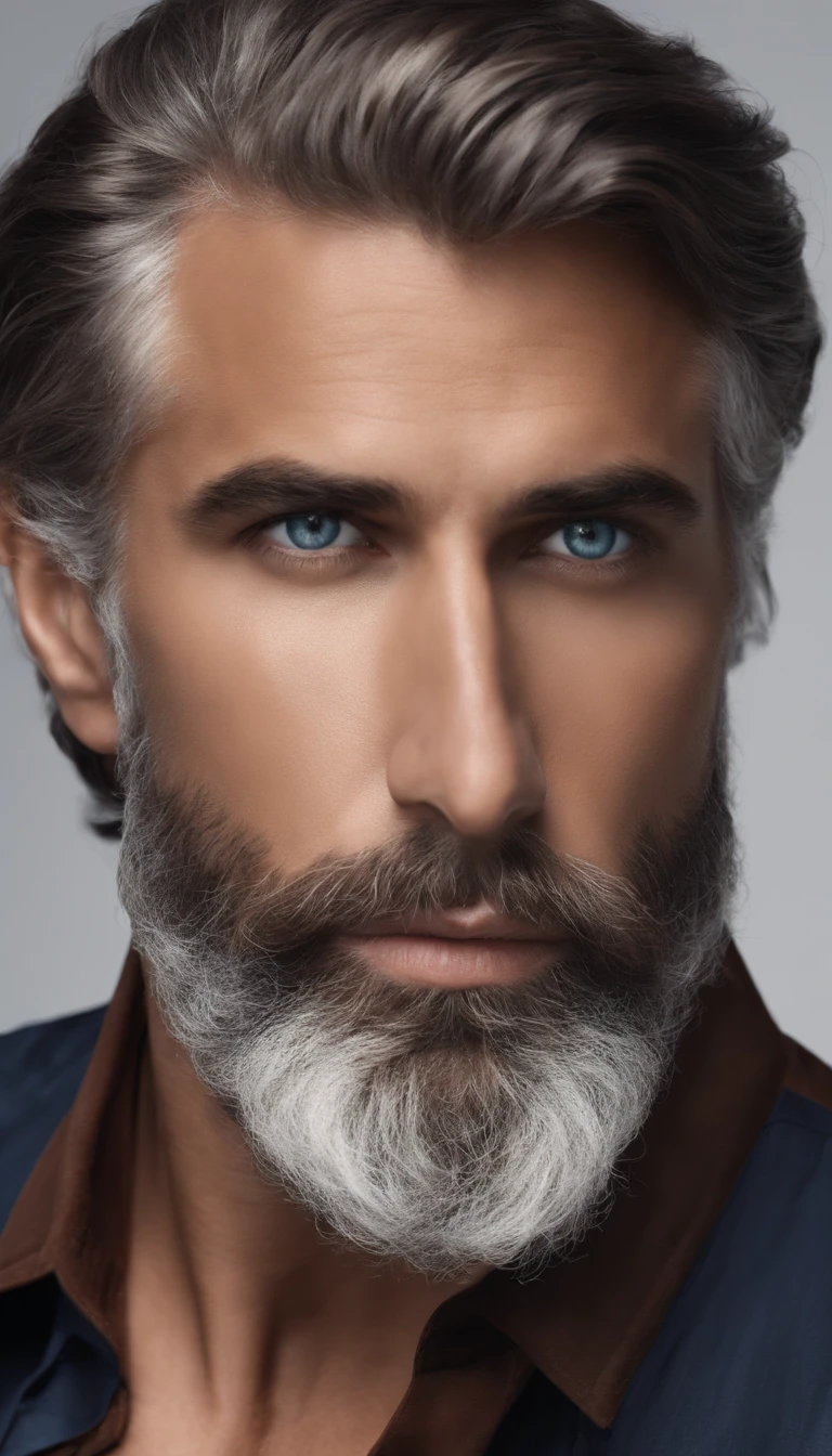 (the best quality,8k,Realstic),bel homme,Barbe abondante,macho,yeux bleus,cheveux bruns,bons muscles,corps entier,sur la chemise