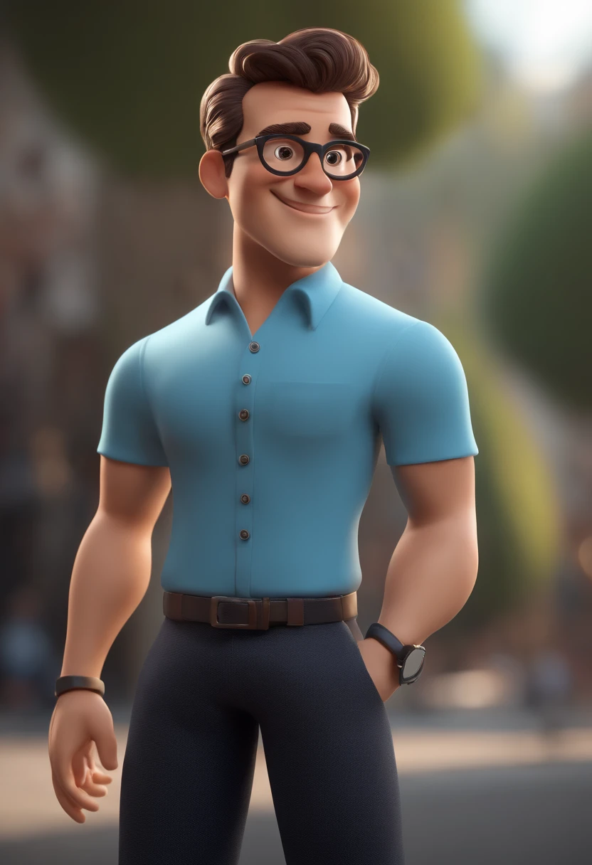 Cartoon character of a man wearing black glasses and a blue shirt, animation character, Caractere estilizado, Rendering Animation Styles, 3D estilizado, Arnold Maya render, 3D render estilizado, Toon renderizar keyshot, Personagem 3D, Personagem 3D, 3d rendering stylized, 3 d character render, Personagem de desenho animado, Personagem de close-up, Pose do personagem,  (Estilo Pixar) (Obra prima:1.2) (Bokeh) (melhor qualidade) (Pele detalhada) (Textura detalhada) (8k) (argila) (Cinematic lighting) (foco nítido