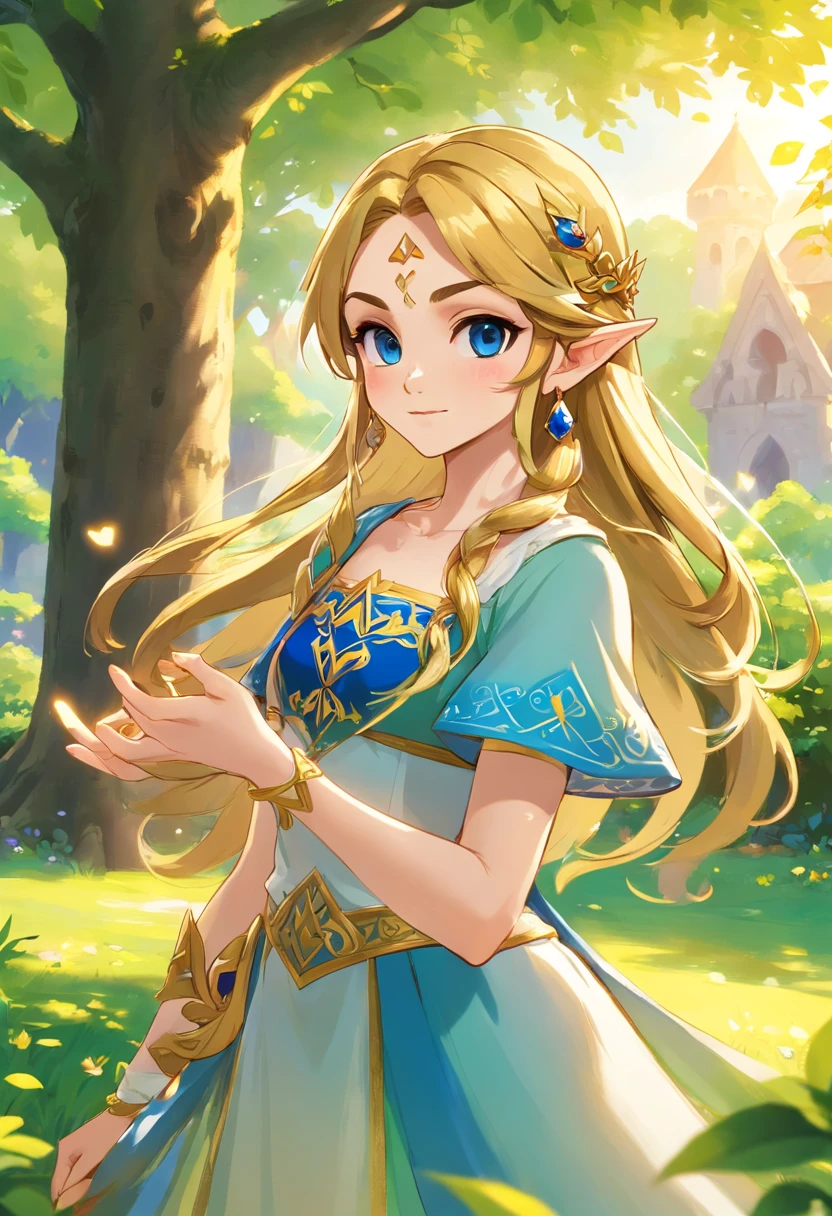 Zelda as an adult,beautiful detailed eyes,beautiful detailed lips,long hair,confident posture,flowing princess dress,golden crown,blue sapphire necklace,magical aura,royal garden background,soft sunlight filtering through trees,impressive palace in the distance,vibrant colors,portraits,highres,professional,physically-based rendering,shimmering gold accents,dreamlike atmosphere