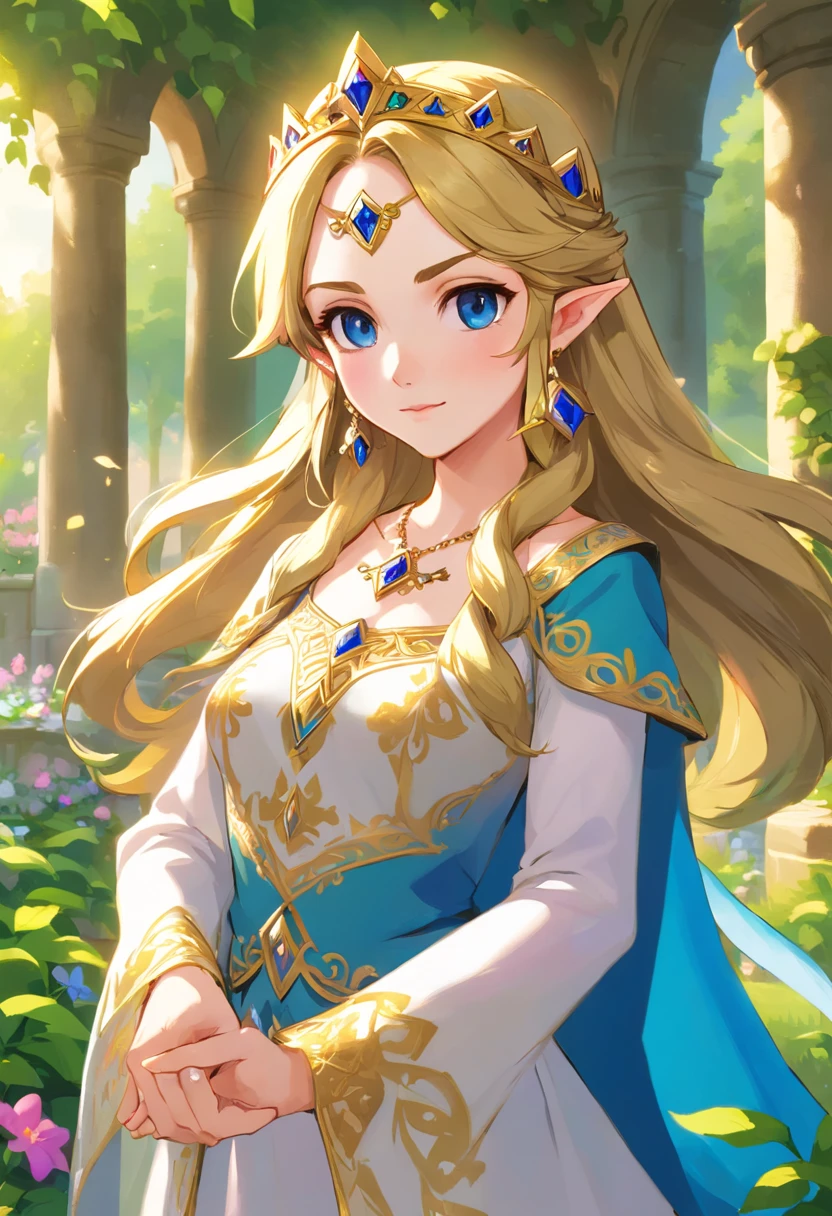 Zelda as an adult,beautiful detailed eyes,beautiful detailed lips,long hair,confident posture,flowing princess dress,golden crown,blue sapphire necklace,magical aura,royal garden background,soft sunlight filtering through trees,impressive palace in the distance,vibrant colors,portraits,highres,professional,physically-based rendering,shimmering gold accents,dreamlike atmosphere