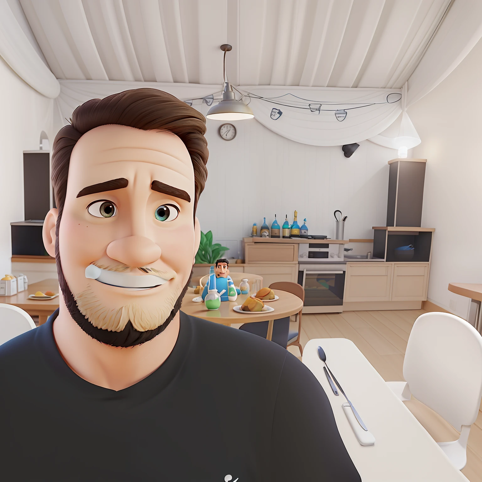 Poster no estilo Disney pixar, alta qualidade, melhor qualidade, homem sexy branco, 30 anos cabelo grisalho barba preta, musculoso, com fundo em um restaurante a luz de velas