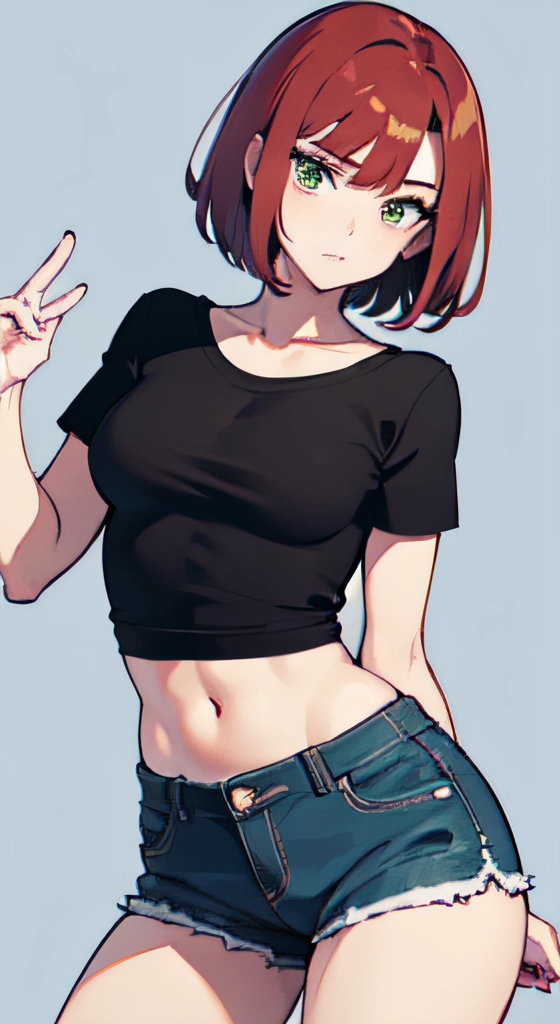 a 1girl, Green eyes, Skinny, short, Black T-shirt, blue shorts, redhead hair, Short Hair Hair, Beautiful figure, beatiful face, 18 years, Correct anatomy, pretty eyes, in full height, Anime style.