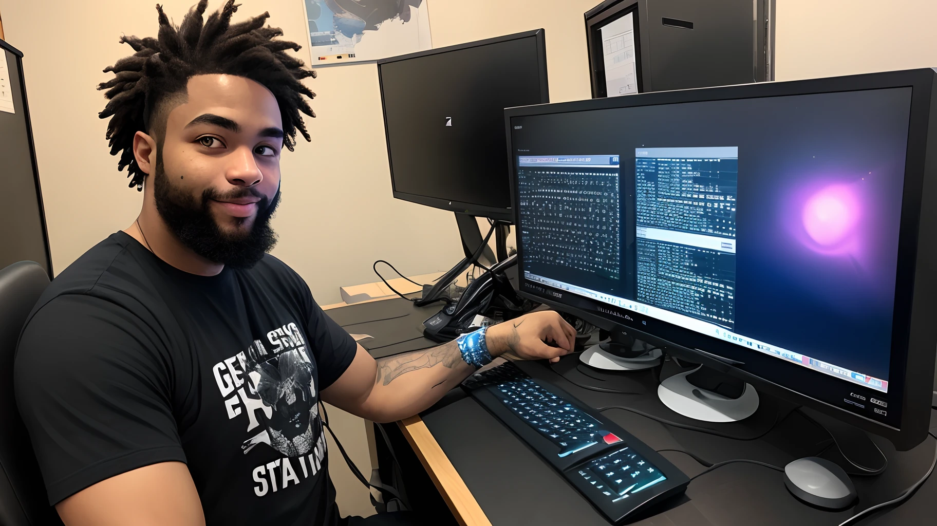 Personagem Wanderson com o seu cabelo castanho escuro e a pele escura com o seu s olhos escuros e trabalha com o seu computador de gamer em cidade agitada em Nova York