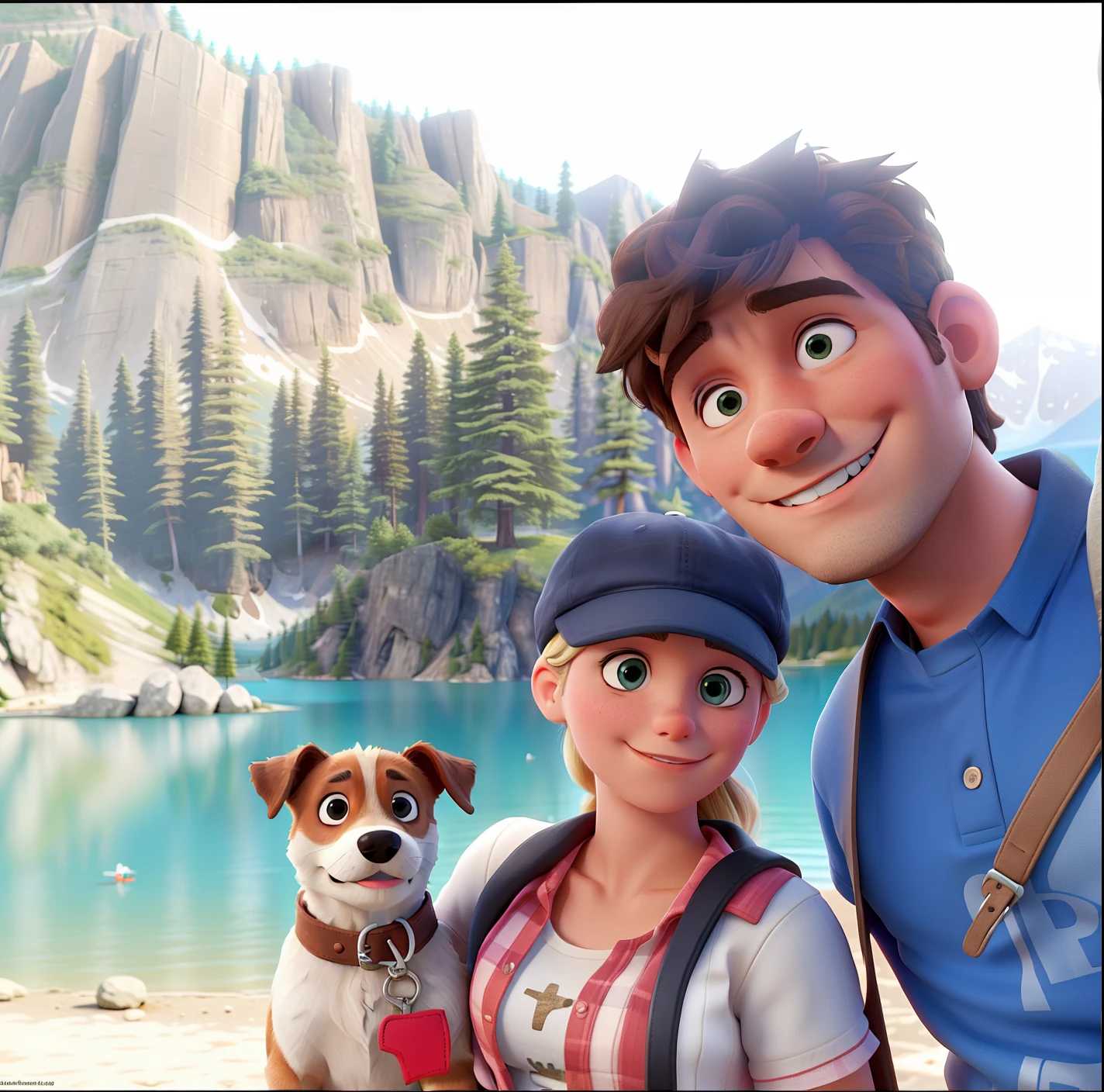 there is a man and woman standing next to a dog on a leash, vacation photo, lake in the background, on a lake, in lake, with mountains in the background, with dogs, millaise and greg rutkowski, hiking in rocky mountain, in the mountains, having a great time, detailed lake in background, on a boat on a lake, mirror lake