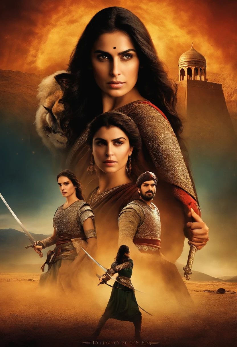 (Best quality, Movie poster style), girl with sword, battle dress, hot, tomboy, sleepy eyes ,(Meaningful persian screenwriting:1.1), Combine elements perfectly.