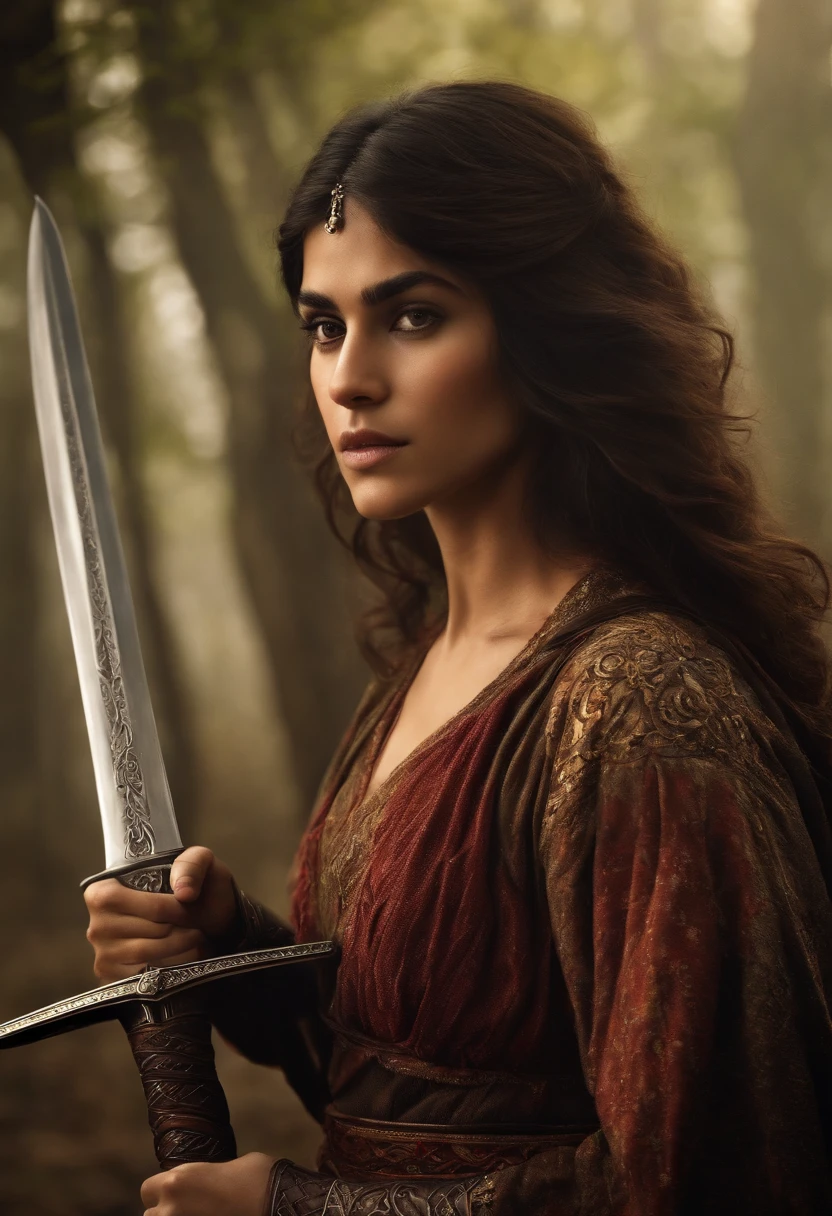 (Best quality, Movie poster style), girl with sword, battle dress, hot, tomboy, sleepy eyes ,(Meaningful persian screenwriting:1.1), Combine elements perfectly.