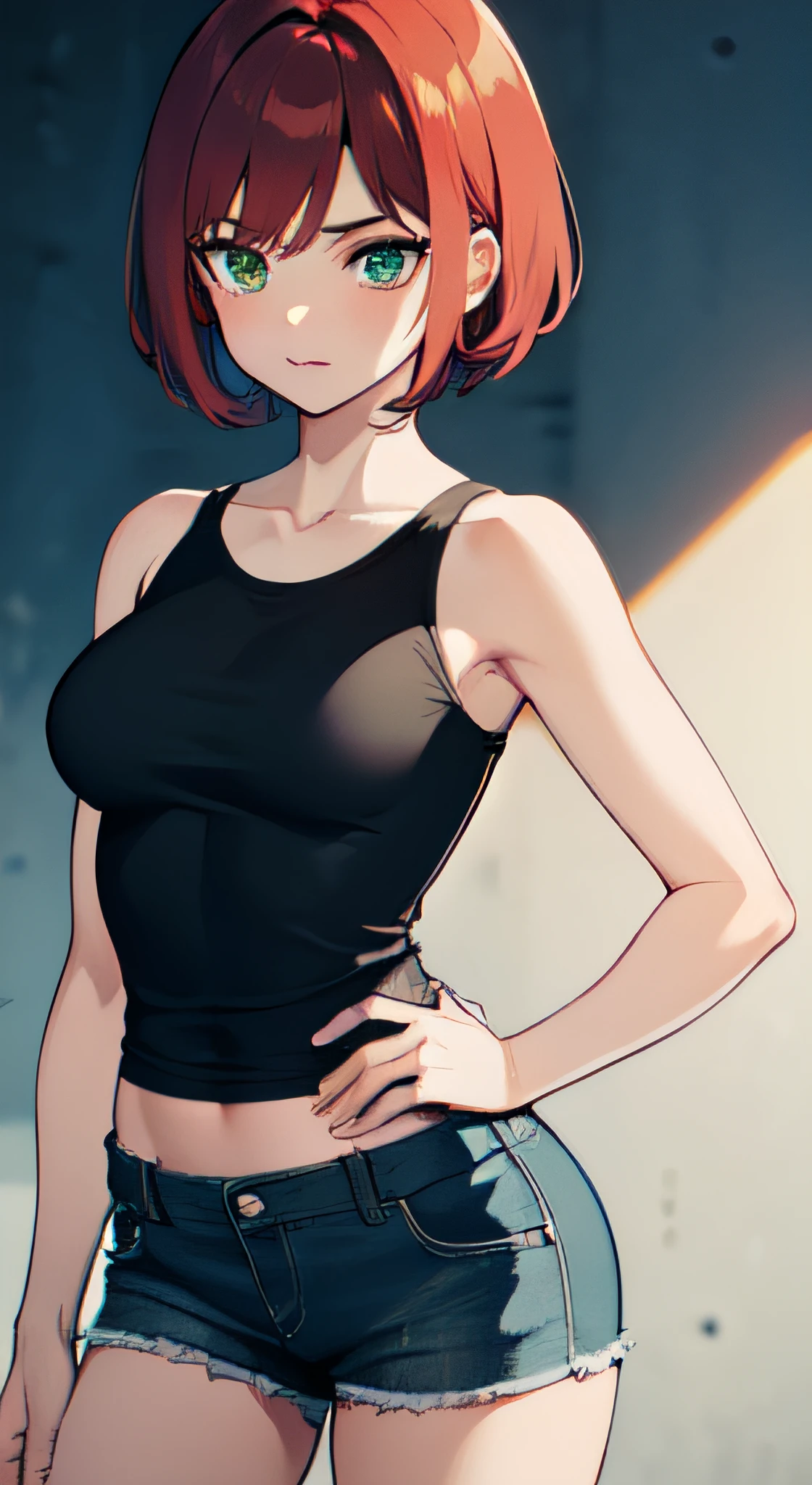 1girl, ager, solo, (groping chest: 1.5), (short pixie cut Hair, undercut red hair: 1.28), ((light gray eyes)), some small freckles, (dark fox ears: 1.35), pale skin, large breasts, cleavage, (thin hips, thin waist: 1.25), simple background, looking away, (tight ripped black shirt, choker, short shorts, thigh high stockings, plaid b&w sneakers: 1.11), masterpiece, best quality,3d rending work ,3DMM style, close-up, portrait, 3D,