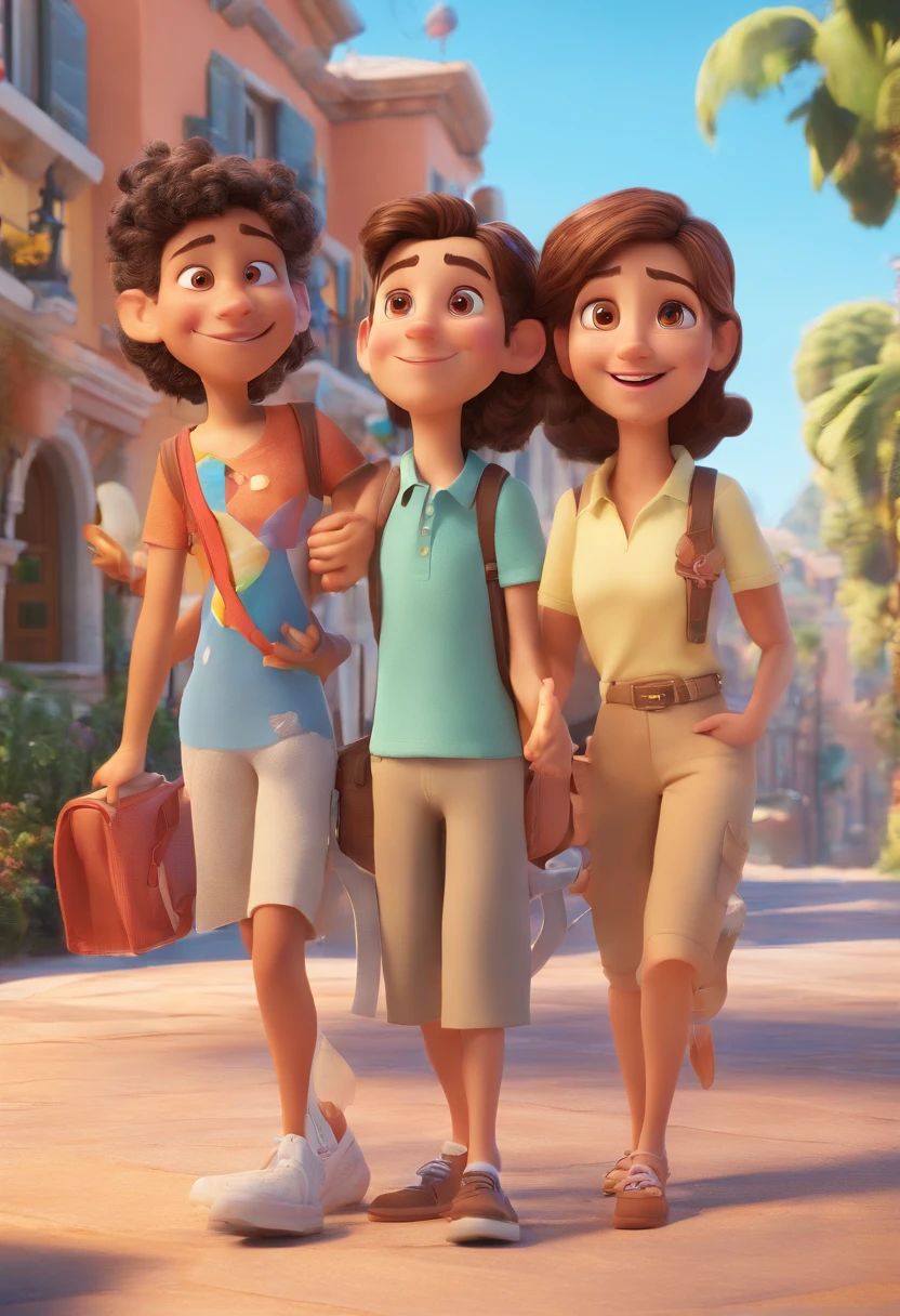 Cartoon of friends having fun on vacation together, 3D Animation Movie Poster, Poster de filme animado, pixar 3 d animation style, pixar renderman rendering, maia 8 mil, animated film, Disney Pixar Estilo 3D, amigos felizes saem juntos, all wearing light blue shirts and cream brown long pants, camisa azul clara, cream brown pants, ao ar livre, vacation, Disney Pixar Animation Poster