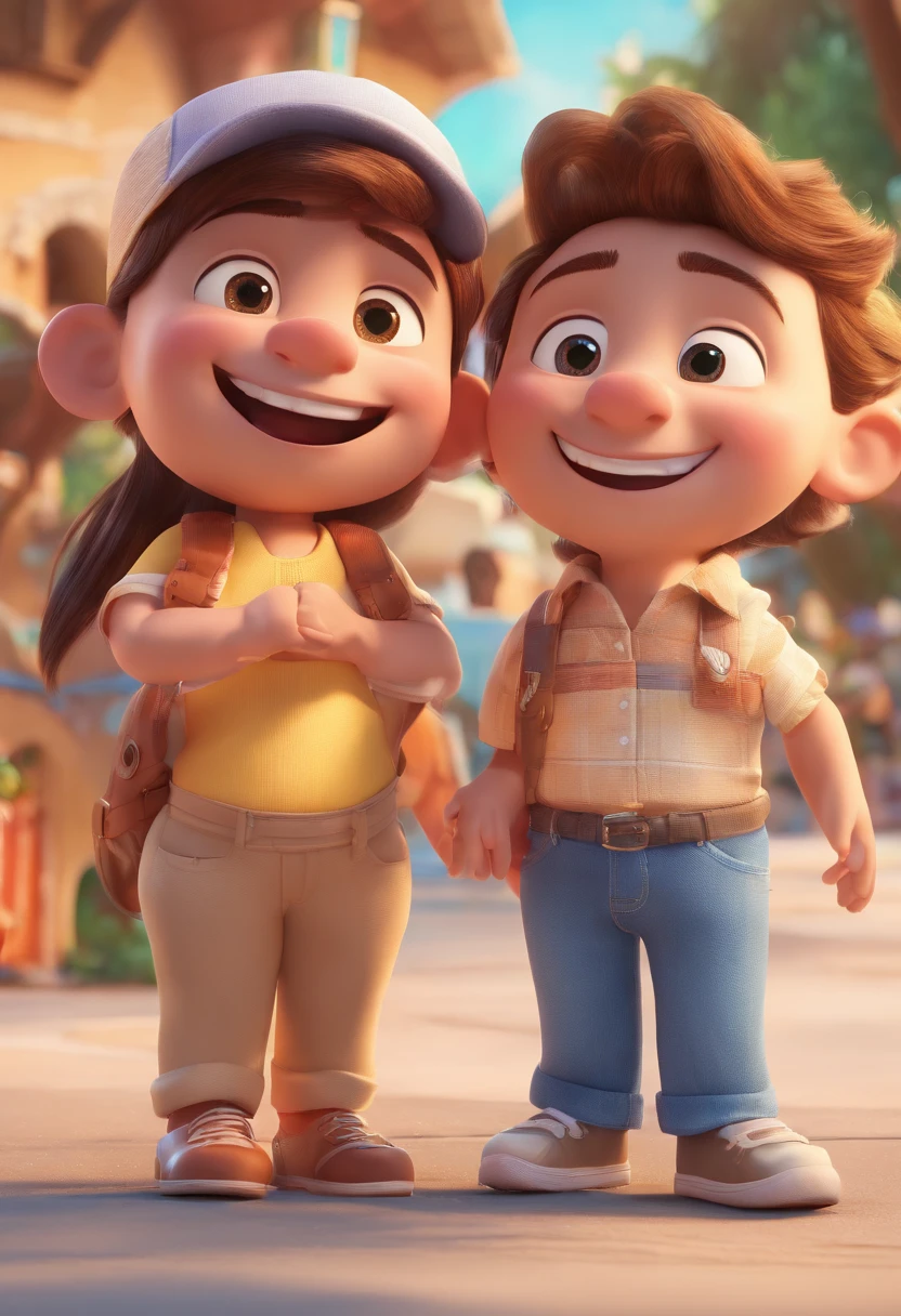 Cartoon of friends having fun on vacation together, 3D Animation Movie Poster, Poster de filme animado, pixar 3 d animation style, pixar renderman rendering, maia 8 mil, animated film, Disney Pixar Estilo 3D, amigos felizes saem juntos, all wearing light blue shirts and cream brown long pants, camisa azul clara, cream brown pants, ao ar livre, vacation, Disney Pixar Animation Poster