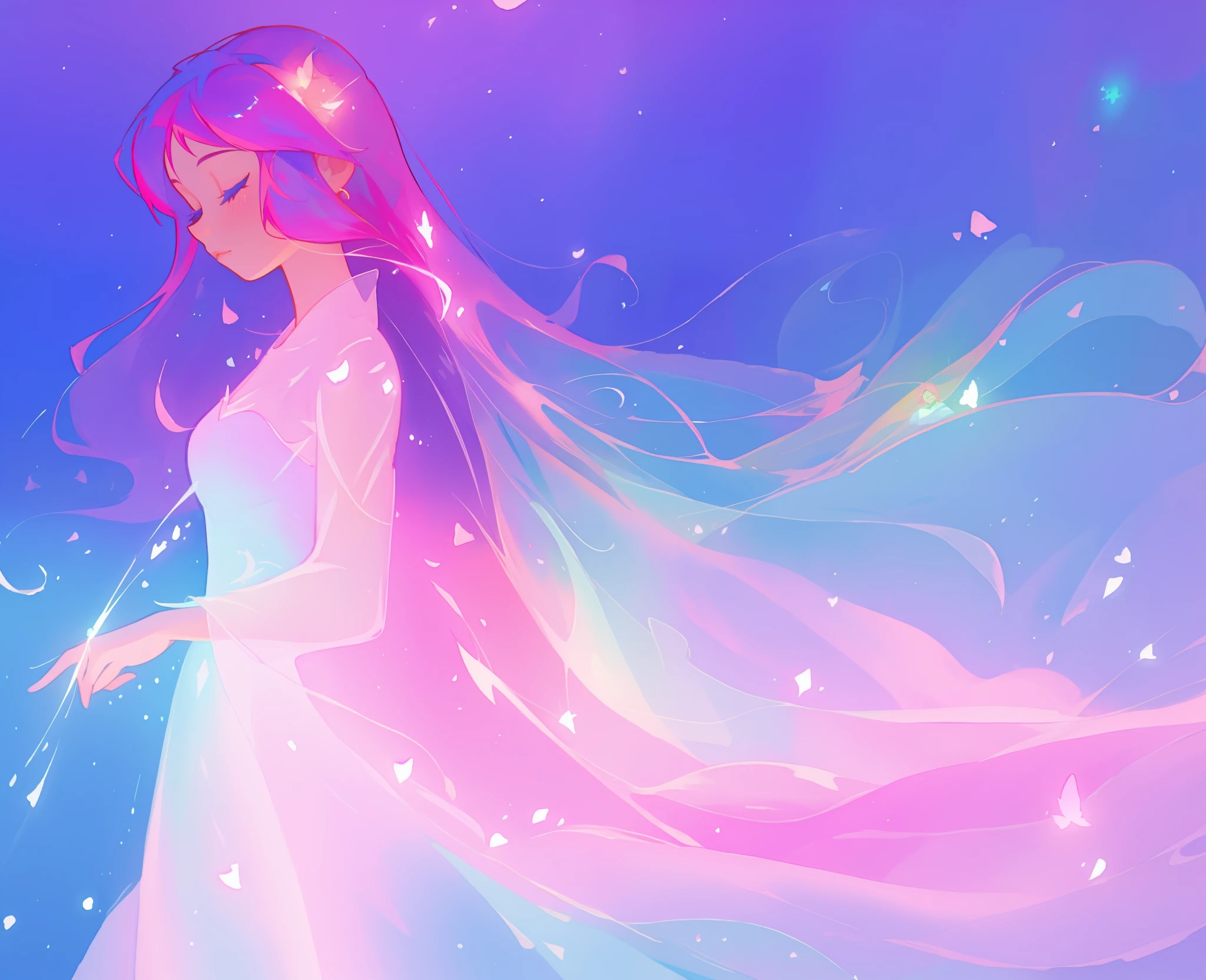 beautiful girl in sparkling multi-layer ballgown, long sparkling pink hair, fantasia background, watercolor illustration, inspired by Glen Keane, inspired by Lois van Baarle, disney art style, by Lois van Baarle, glowing aura around her, by Glen Keane, jen bartel, glowing lights! digital painting, flowing glowing hair, glowing flowing hair, beautiful digital illustration, fantasia otherworldly landscape plants flowers, beautiful, masterpiece, best quality, anime disney style