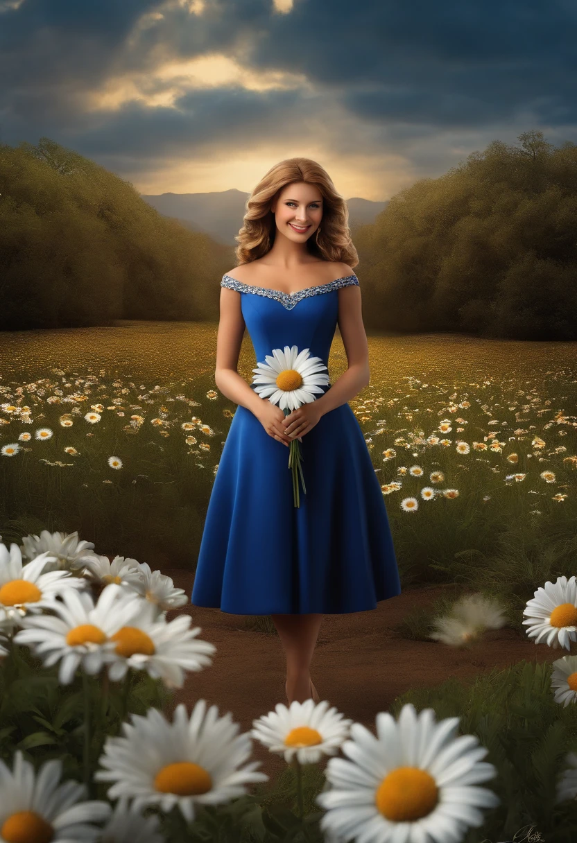 Criar poster 3d Pixar Disney, uma mulher magra branca, cabelo ondulado castanho, olhos castanho claro que sorriem com os olhos, with a dark blue dress with a strap attached at the neck and an opening at the left leg, With a bouquet of daisy flowers in her hands, White daisy plantation scenery