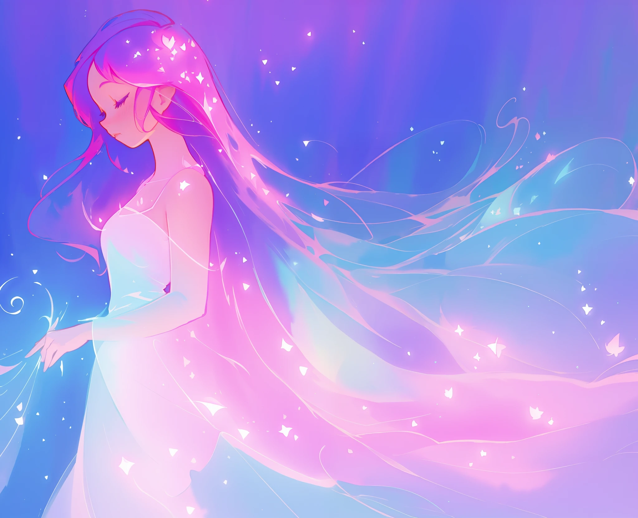 beautiful girl in sparkling multi-layer ballgown, long sparkling pink hair, fantasia background, watercolor illustration, inspired by Glen Keane, inspired by Lois van Baarle, disney art style, by Lois van Baarle, glowing aura around her, by Glen Keane, jen bartel, glowing lights! digital painting, flowing glowing hair, glowing flowing hair, beautiful digital illustration, fantasia otherworldly landscape plants flowers, beautiful, masterpiece, best quality, anime disney style