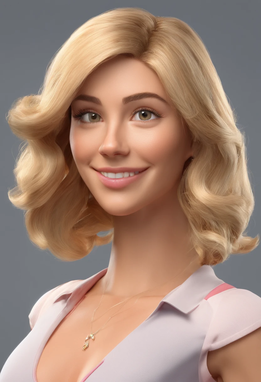 Mulher de 35 anos, shoulder-length blond hair parted in the middle of the head, olhos castanhos (cor de mel) com um sorriso encantador, roupas pretas, e segurando um celular. Estilo Pixar.