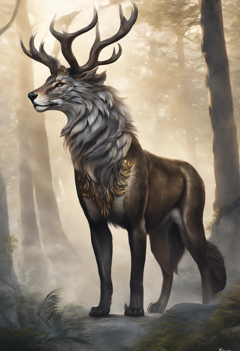 Revised Chimera:

Head: The wolf's head, symbolizing guardianship and loyalty. Its eyes gleam with intelligence, and its sharp teeth are always visible, hinting at its ferocity and protective nature.

Body: The sleek and muscular body of a stag, representing purity and life. Its smooth fur and graceful form provide the chimera with agility and swiftness.

Wings: Spanning from its back are the iridescent feathers of a peacock, which allow it to radiate grace and beauty, signifying prosperity and love.

Legs: Four strong legs of the stag, maintaining the consistency with the body, and further emphasizing purity and life.

Tail: A long, coiling cobra tail, representing transformation and power. The tail can be raised in a defensive posture, with the cobra's hood flared, ready to strike at any threat.

Description:
Emerging from the wilderness, this mythical creature embodies the essence of guardianship, purity, beauty, and power. Its wolf head, with alert eyes, conveys a sense of leadership and loyalty. The chimera's body, streamlined and muscular like that of a stag, moves with both grace and purpose. From its back, shimmering wings of a peacock unfold, casting a captivating array of colors that reflect the hues of the dawn. Its powerful stag legs allow it to tread with both authority and elegance across varied terrains. Yet, it is the chimera's coiling cobra tail that serves as a stark reminder of its transformative power and potential danger. This creature is a harmonious blend of nature's legends, encapsulating the spirit of the wild in its majestic form.